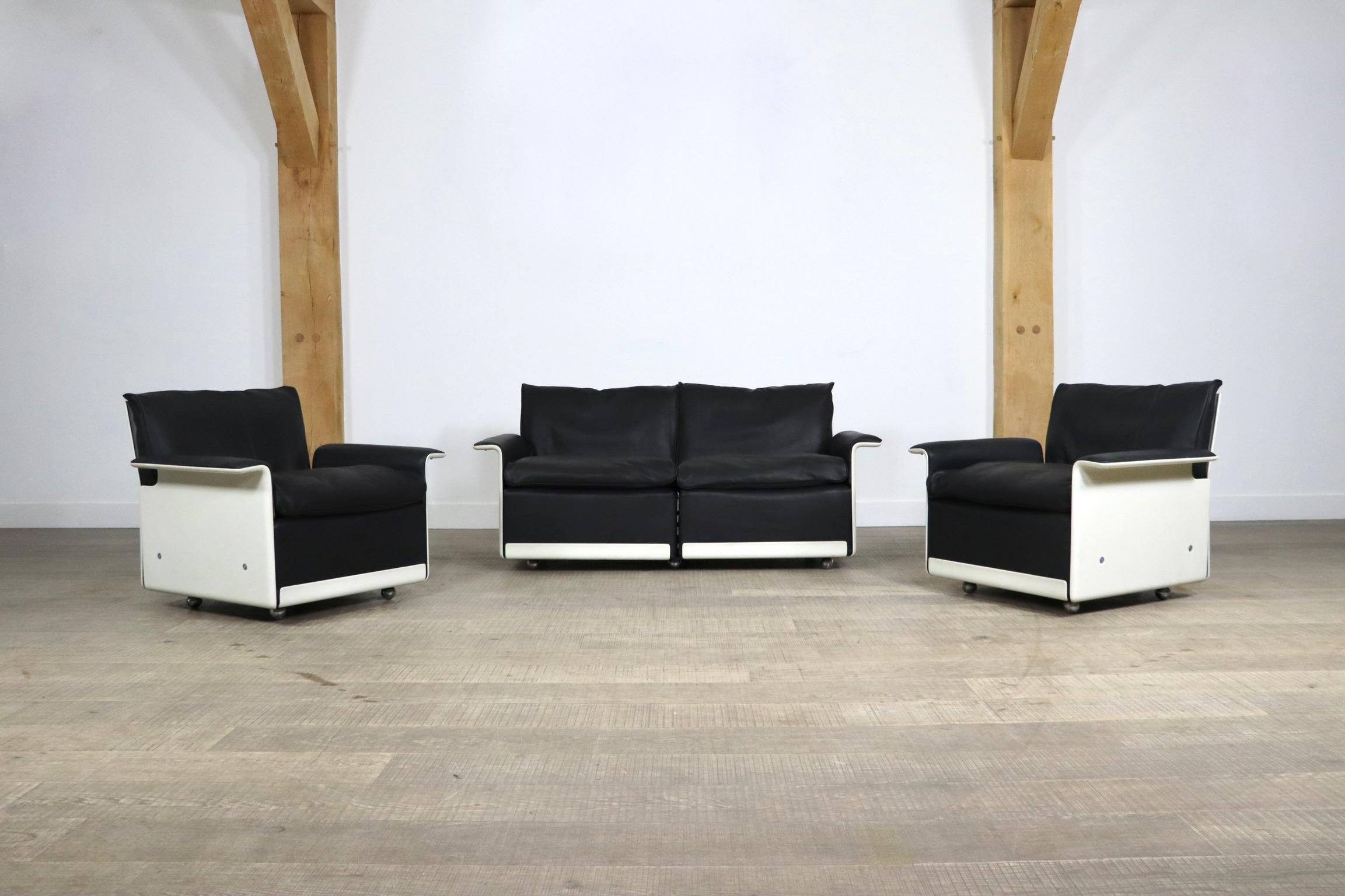 Dieter Rams 620 Sofa and Lounge Chairs in Black Leather for Vitsoe, 1980s In Good Condition In ABCOUDE, UT