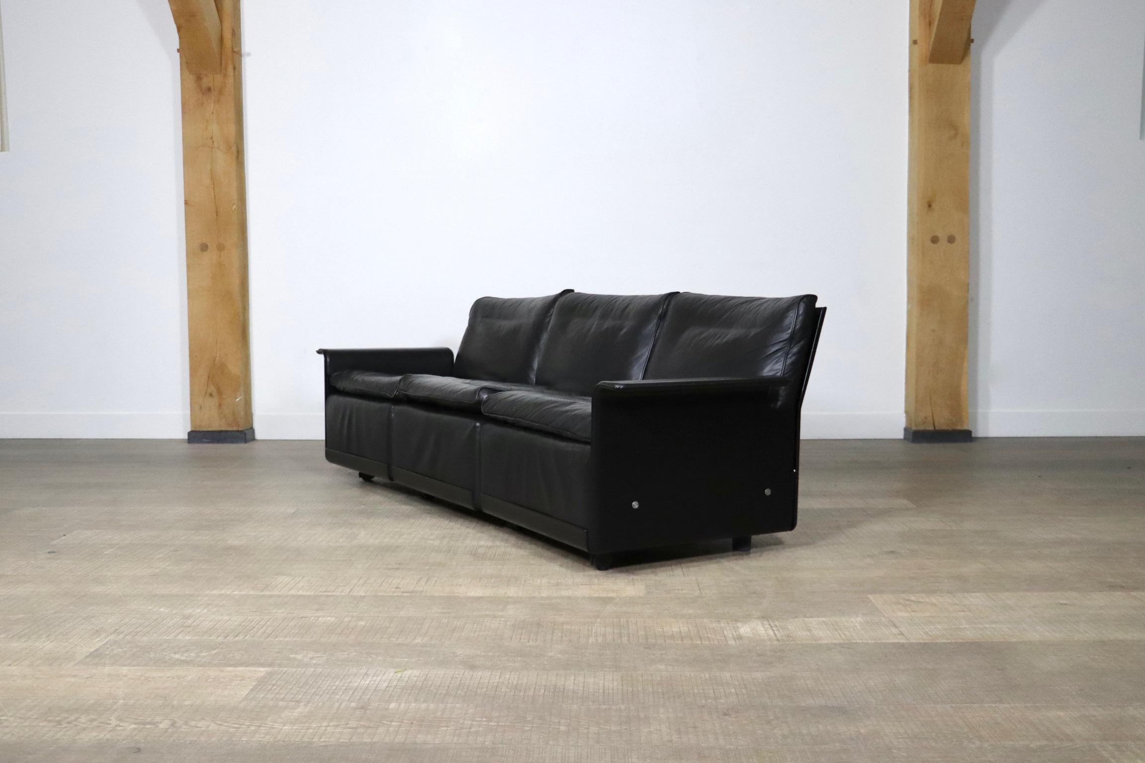 Dieter Rams Black Leather Model 620 3-Seater Sofa For Vitsoe 1980s 1