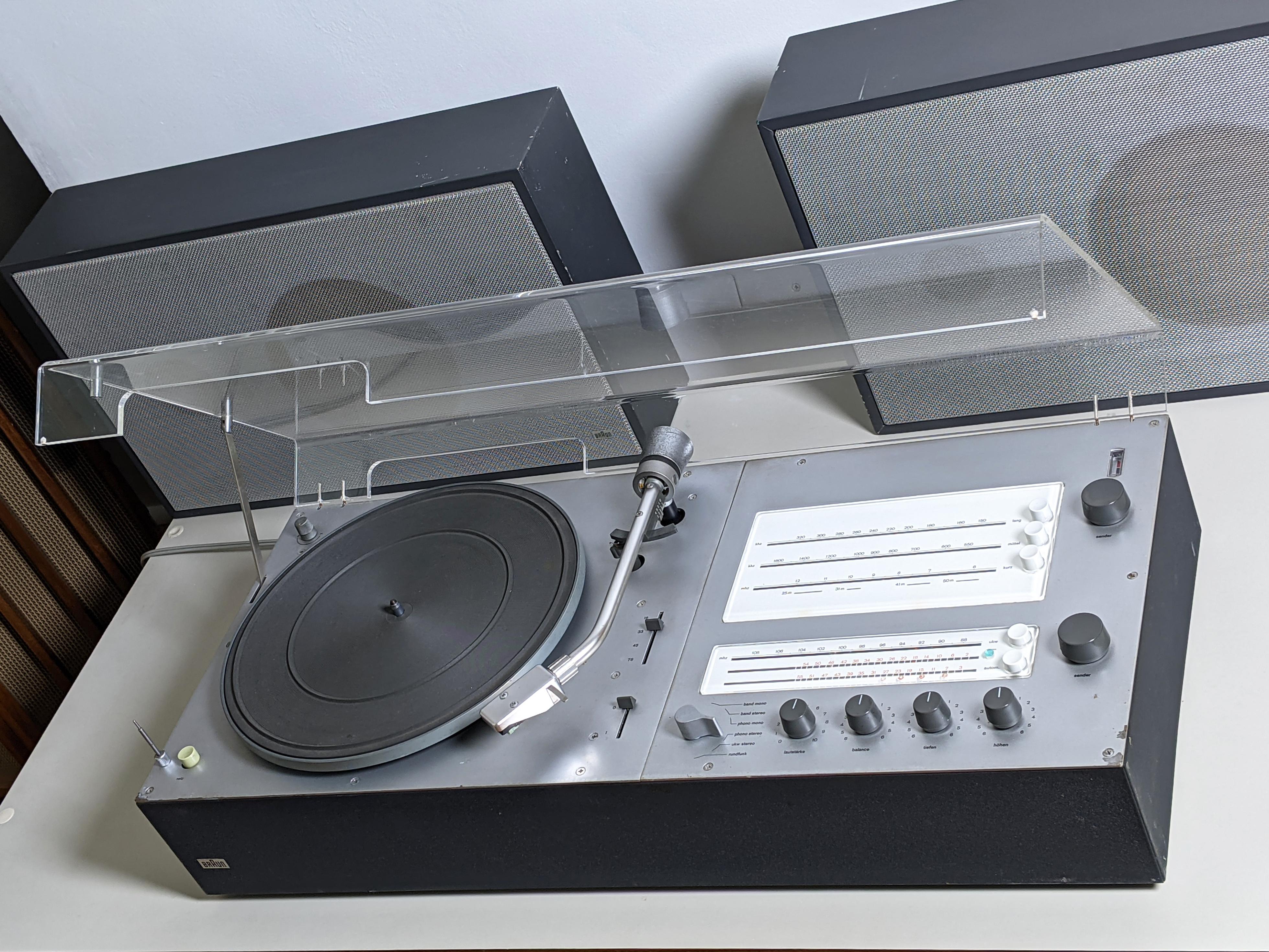 Dieter Rams (designer), 1967
Braun AG, Germany (manufacturer)

- Audio 250 radiogram / record player Typ (model) TC 45/3
- Braun Typ (model) L 450/1 loudspeakers (matching to radiogram)

Complete hi-fi system incorporating turntable (record