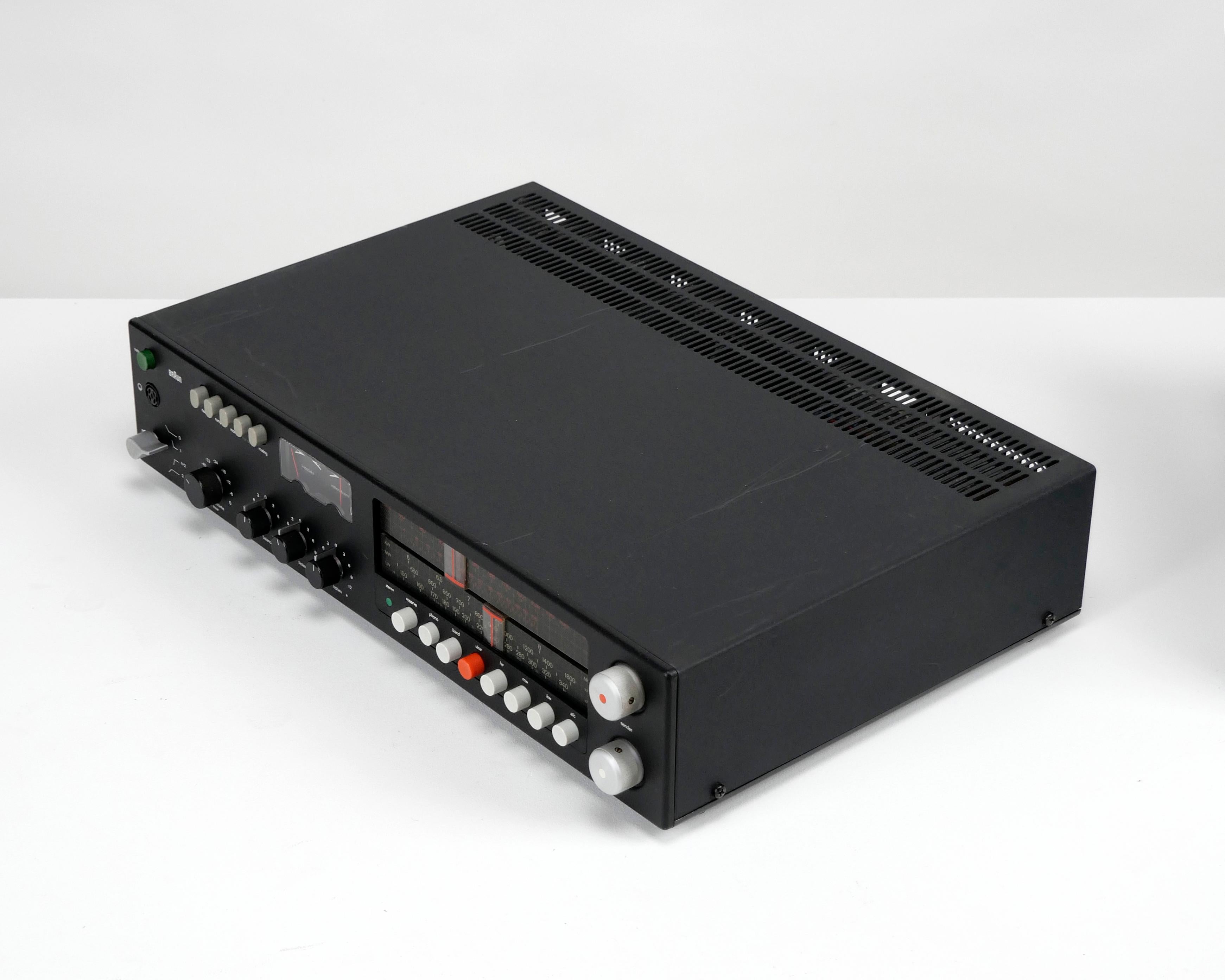 DIETER RAMS (Germany, born 1932)
Regie 510 Receiver (tuner amplifier)
Designed 1972, manufactured by Braun, Germany

(matching turntable available in separate listing - see last two photos)

Black coloured metal.
Good cosmetic condition with some