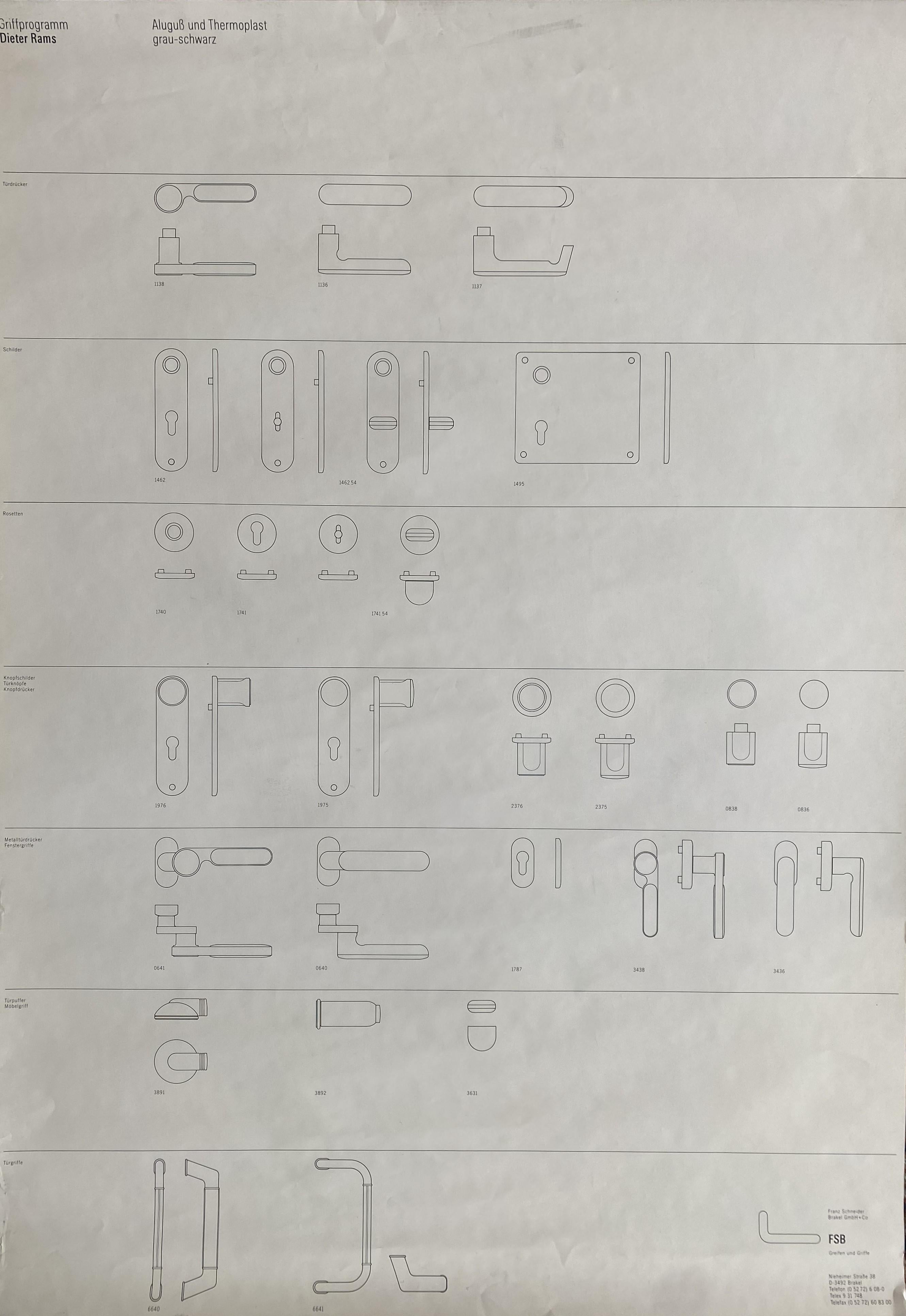 Here is a very rare and desirable vintage Promotional drawing poster displaying detail handle program by the German designer Dieter Rams for FSB 1986.
This poster is printed on both sides.

Measures: 84 x 60 x 0.01 cm.

The abbreviation rgs hides