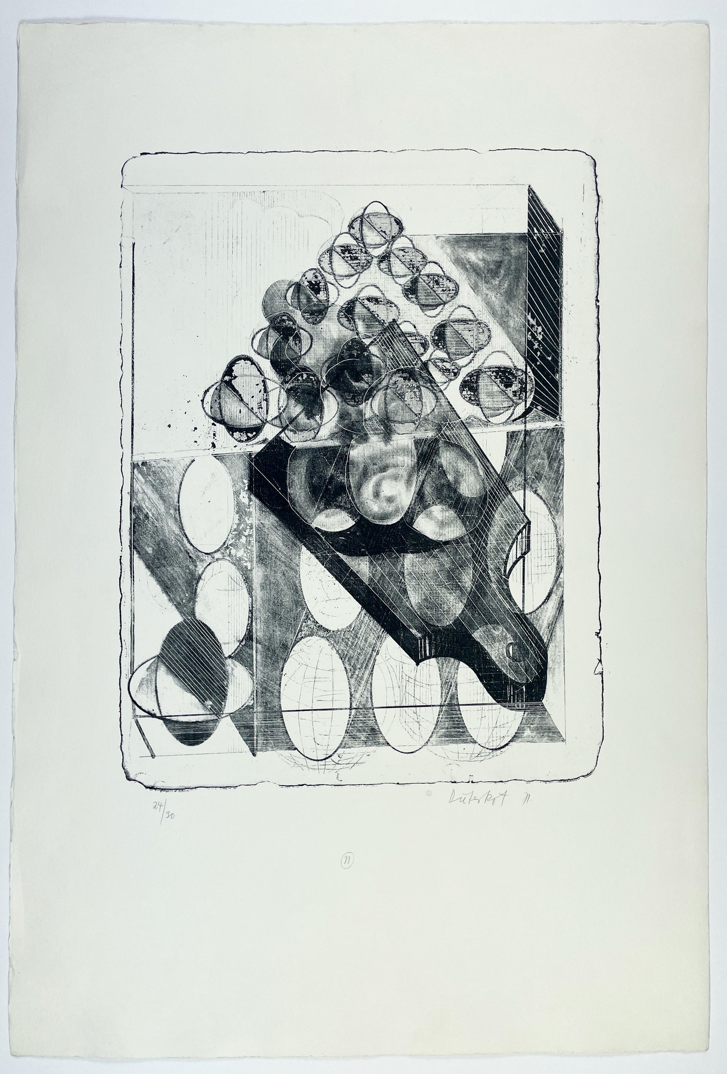 This abstract black and white Roth print is full of movement, wildly diverse mark making, visceral, three-dimensional shapes and dynamic sketched lines. It is a single print from the Roth series "A Muse". The artist worked on the same stone, erasing