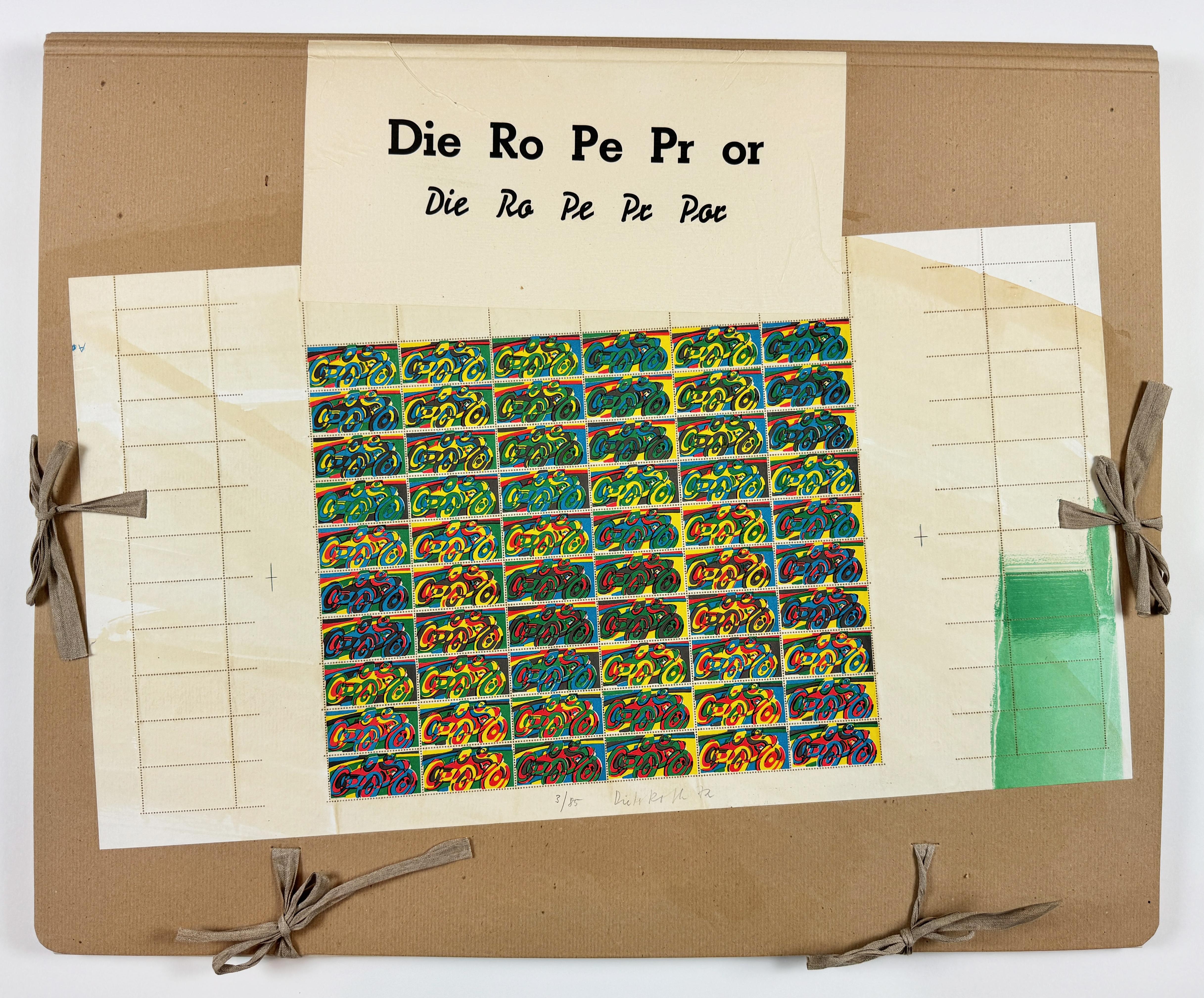 Conteneurs 1972 (publié en 1973)

Portefeuille de 33 estampes signées et numérotées : neuf eaux-fortes (huit avec divers ajouts de collages), quatre lithographies offset, une eau-forte, une épreuve de transfert, une sérigraphie double face, deux