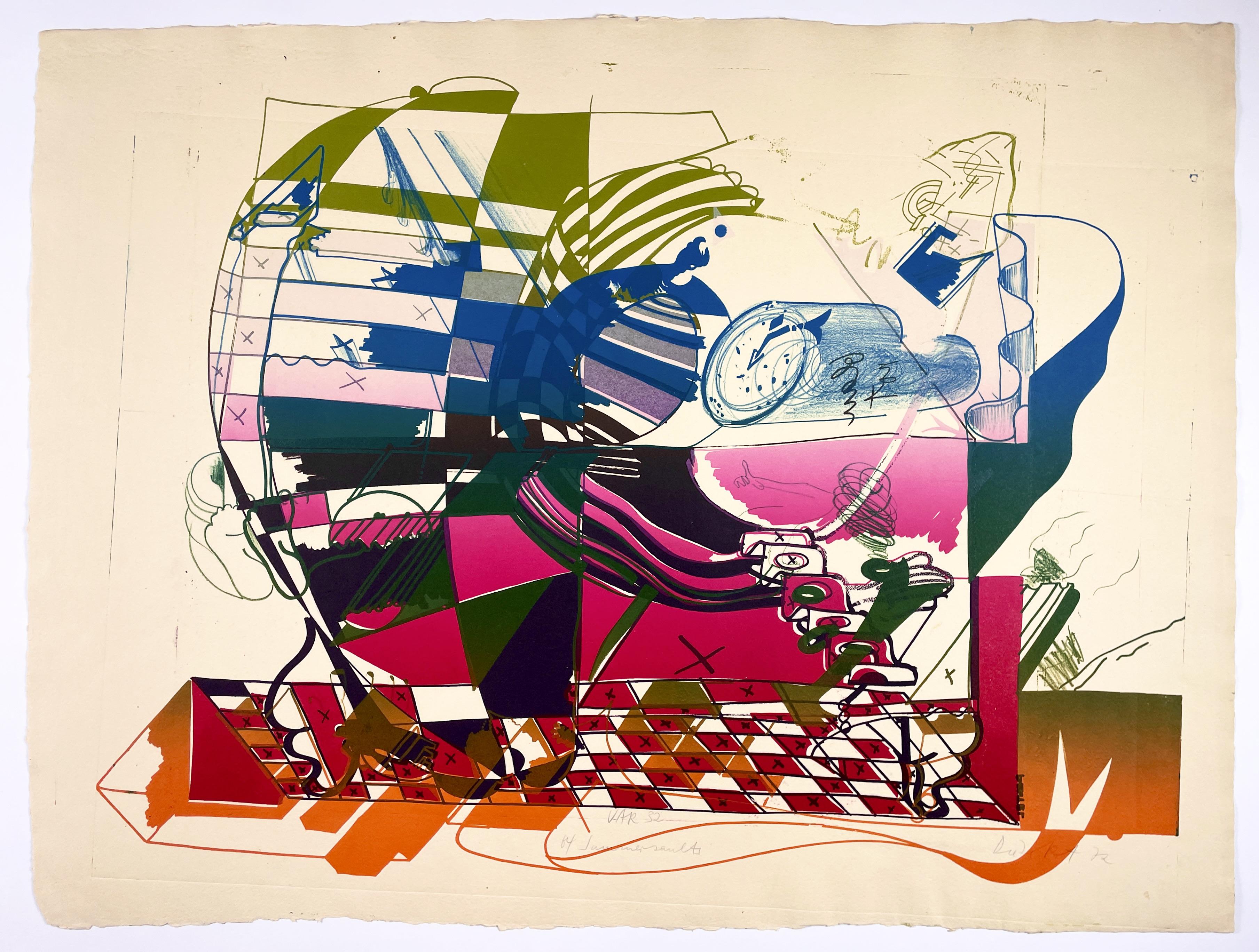 A frenzy of lines and color, this pair of Dieter Roth lithographs could have been produced in 2022. The contemporary popularity of semi-abstract imagery featuring color gradients, zany geometric forms, psychedelic composition, and cartoonish