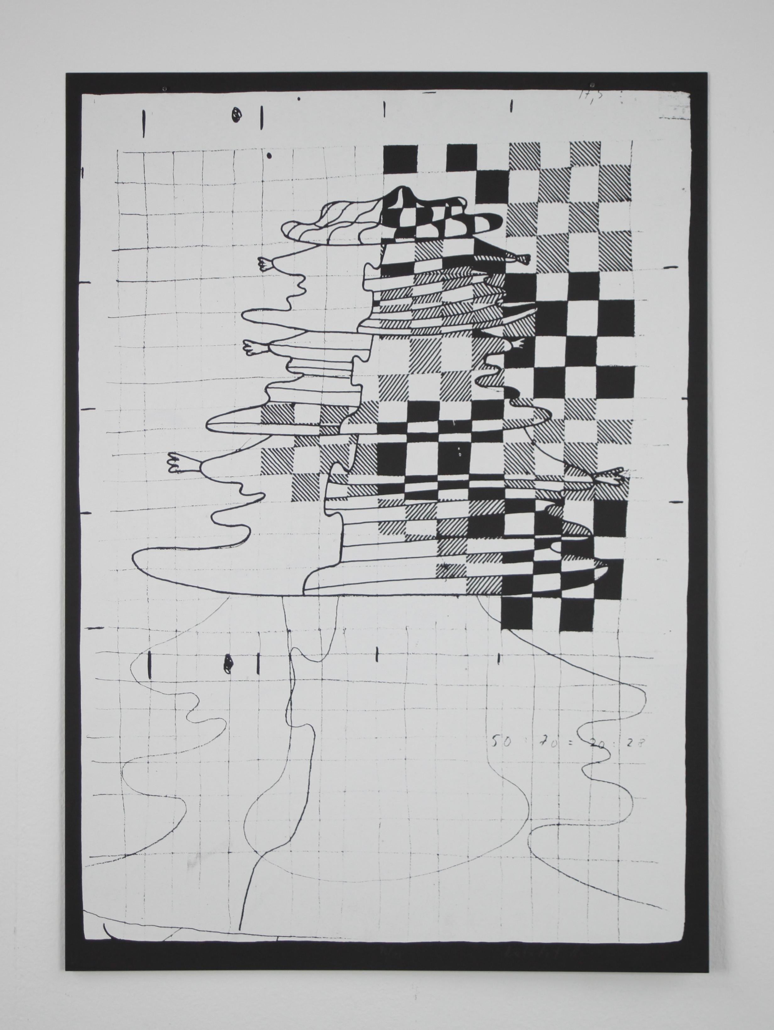 "Linequartet", unframed black and white print, black cardboard - Print by Dieter Roth