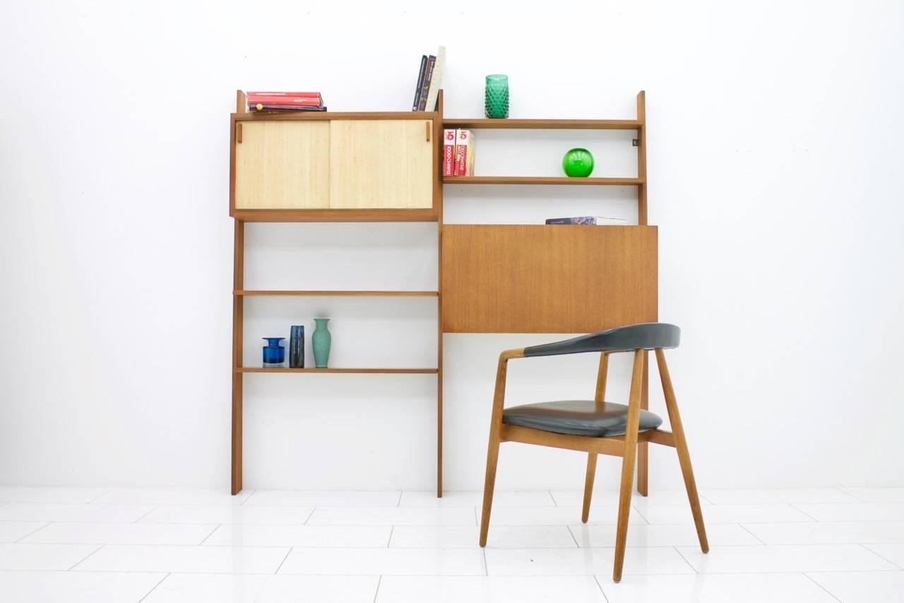 German Dieter Waeckerlin Teak Shelf with Seagrass Sliding Doors a Bar or Desk, 1950s For Sale