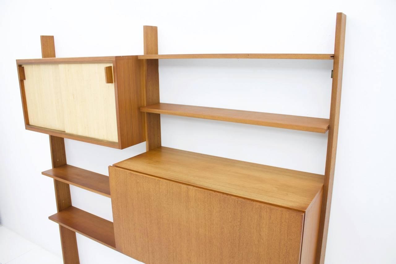 Mid-20th Century Dieter Waeckerlin Teak Shelf with Seagrass Sliding Doors a Bar or Desk, 1950s For Sale