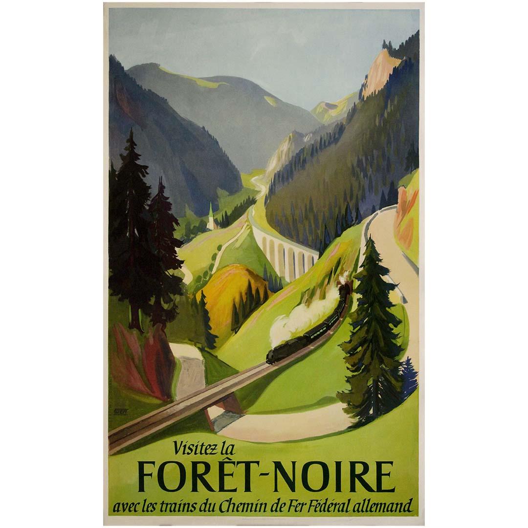 The circa 1950 original poster by Dietrich Bodman, "Visitez la Forêt Noire avec les trains du chemin de fer fédéral allemand," is a beautiful example of mid-century European travel advertising. This poster was designed to promote tourism to the