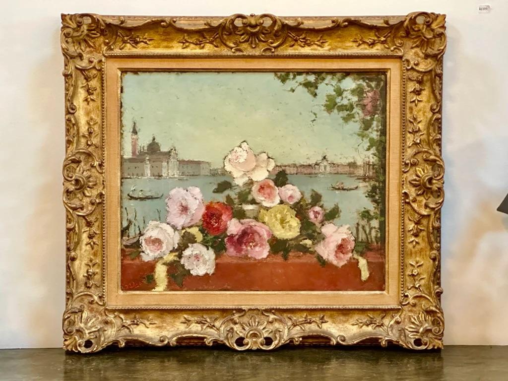 20th Century Dietz Edzard (German, 1893-1963) Still Life of Flowers with Venetian Backdrop