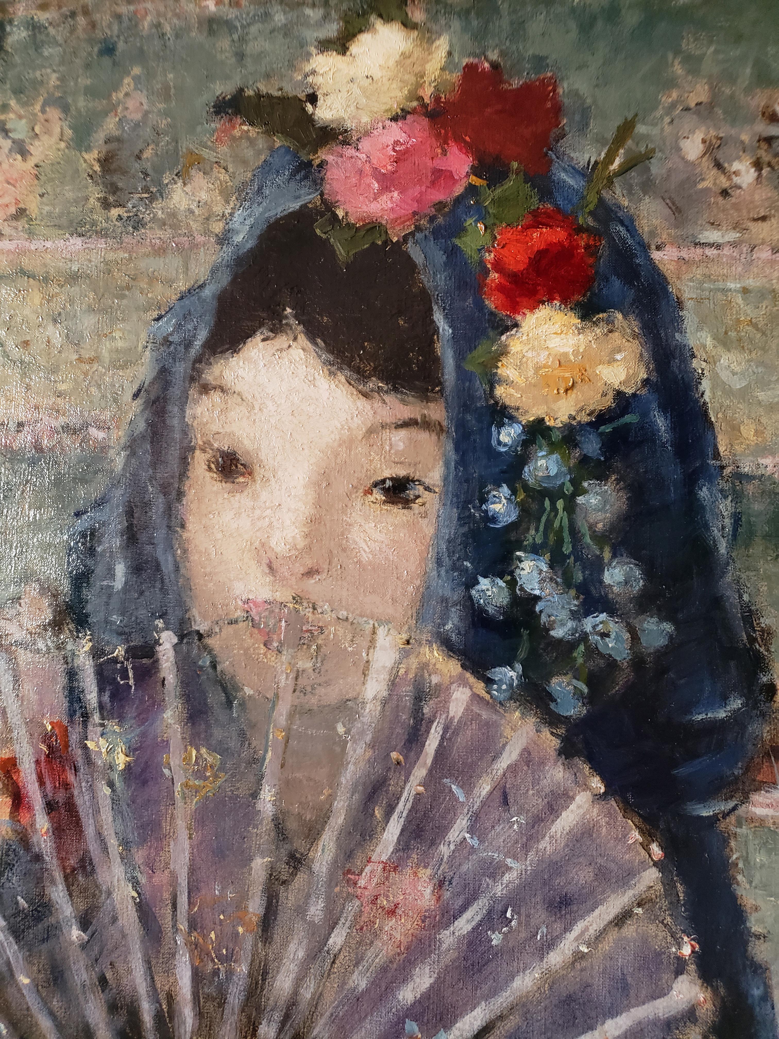 Au Bal Masque - Spanish girl at Opera - This spectacularly beautiful post-impressionist portrait t could be reminiscent of Degas. 
A charming girl with a blue mantilla adorned with roses, a blue shawl and a see-through fan that enhances the sitter's
