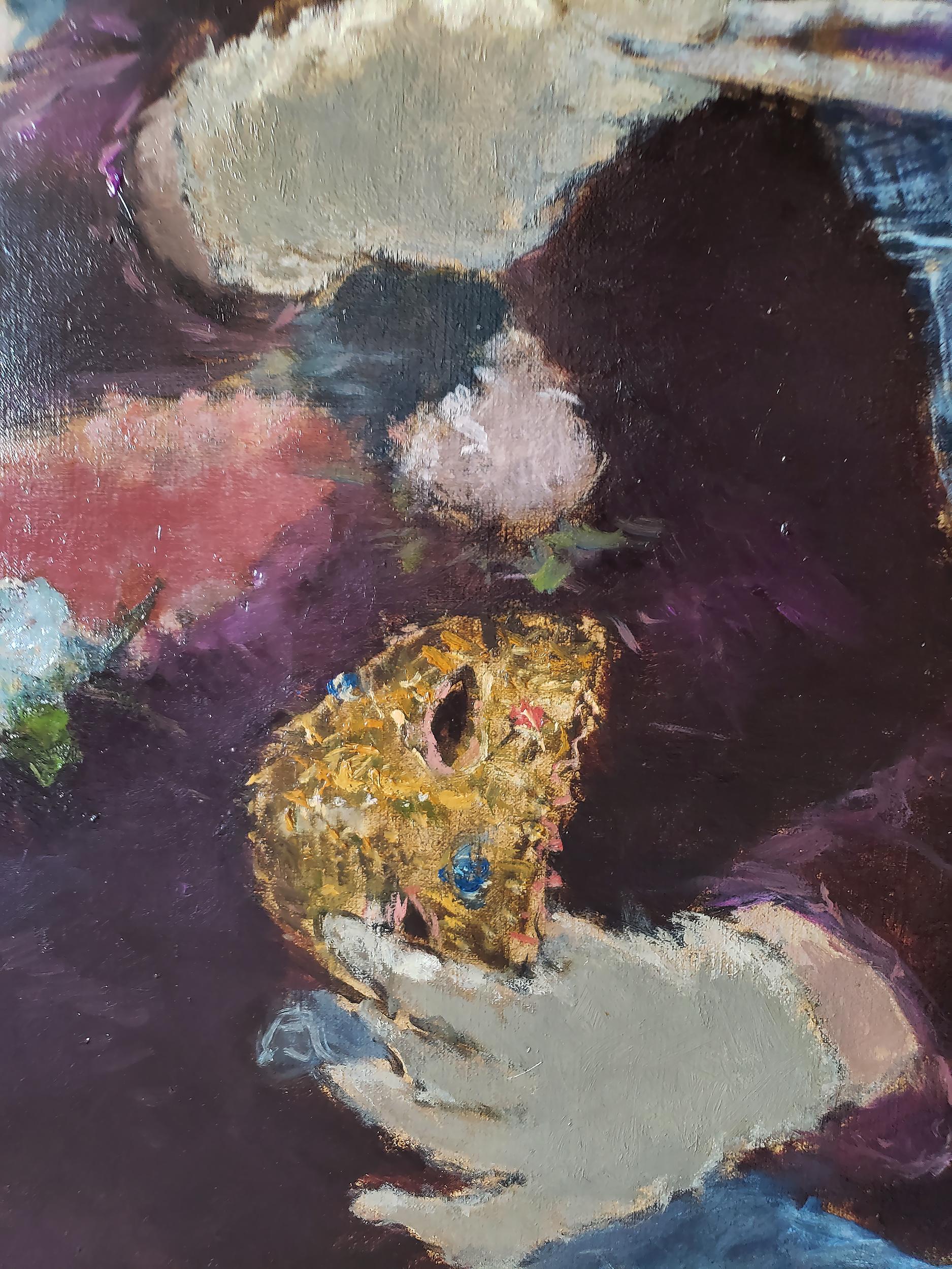 Au Bal Masque - Spanish girl at Opera - This spectacularly beautiful post-impressionist portrait t could be reminiscent of Degas. 
A charming girl with a blue mantilla adorned with roses, a blue shawl and a see-through fan that enhances the sitter's