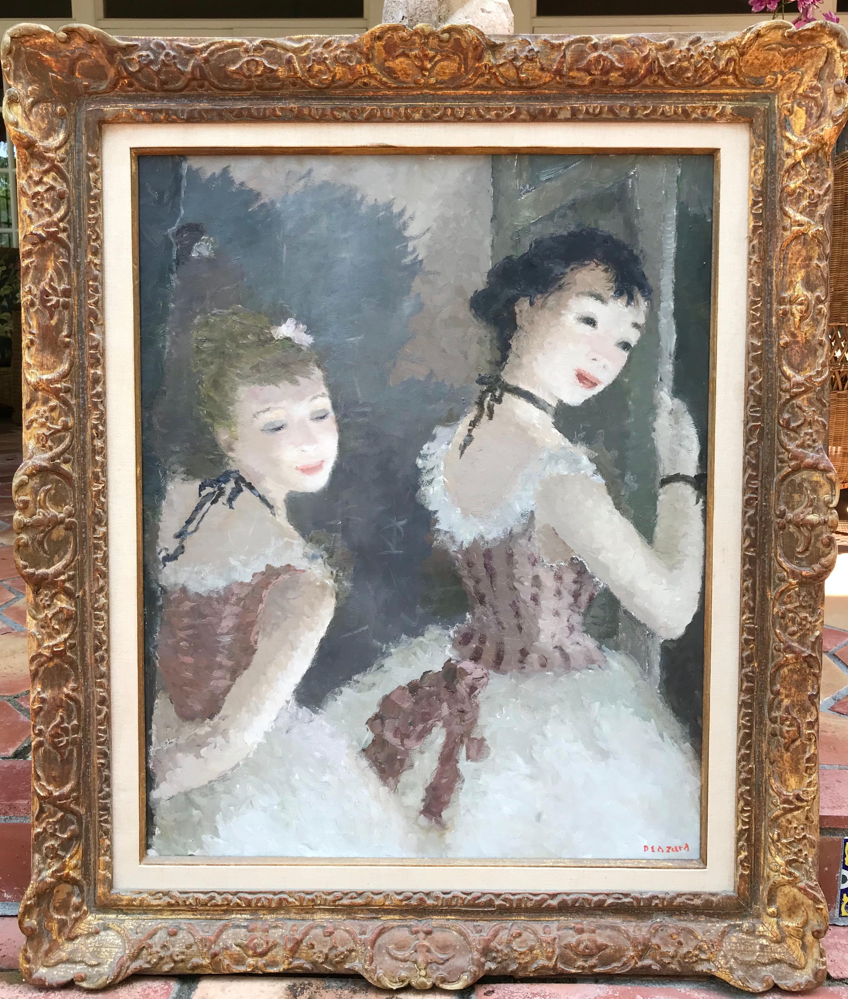 Voici pour votre considération une magnifique peinture à l'huile originale de deux ballerines attendant de monter sur scène par l'artiste français Dietz Edward.  Exécuté de manière exquise par un maître artiste.  Signature de l'artiste en bas à