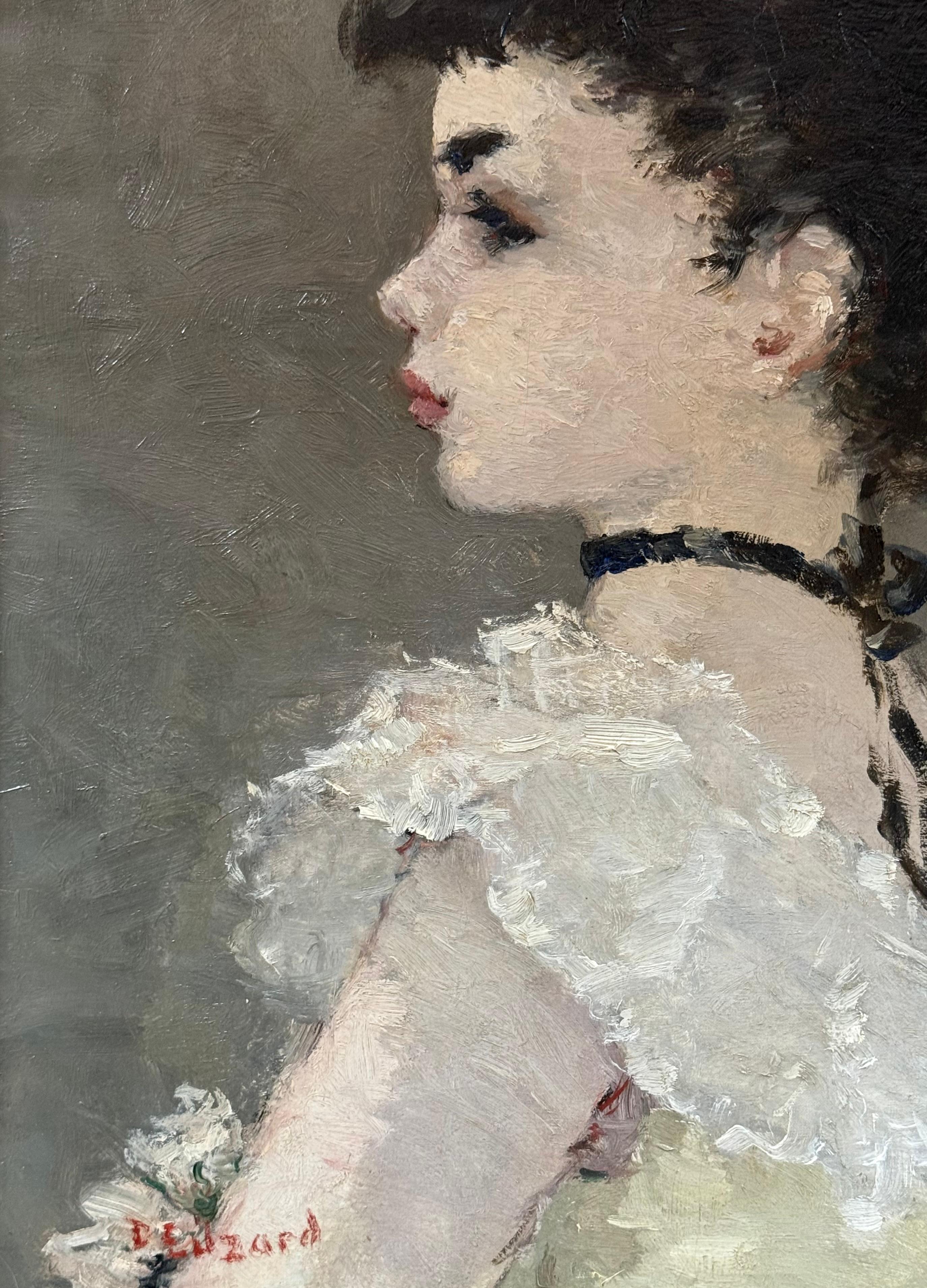 Outstanding original oil on canvas painting of a young ballerina in profile. The artist is German born artist,  Dietz Edzard.  Signed lower left by the artist. Titled and dated verso, 1946. Condition is excellent. The housed in a reproduction frame