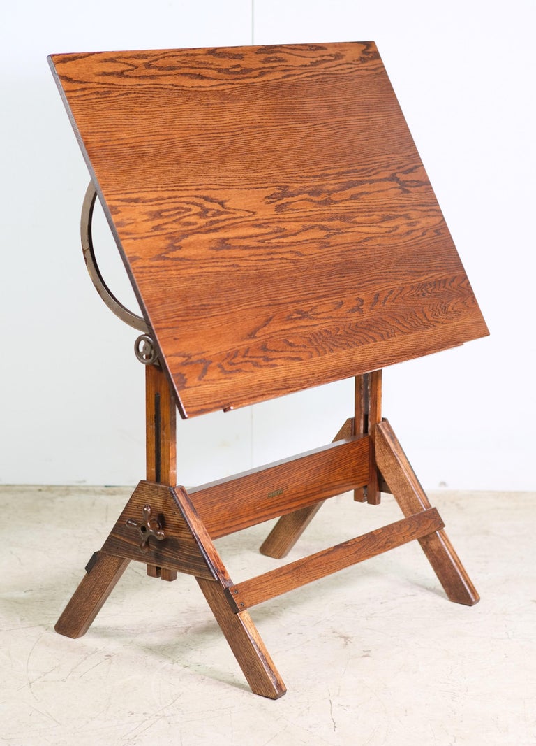 Dietzgen Oak Adjustable Drafting Table with Steel Hardware For Sale at