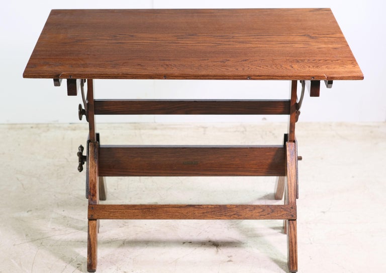 Dietzgen Oak Adjustable Drafting Table with Steel Hardware For Sale at