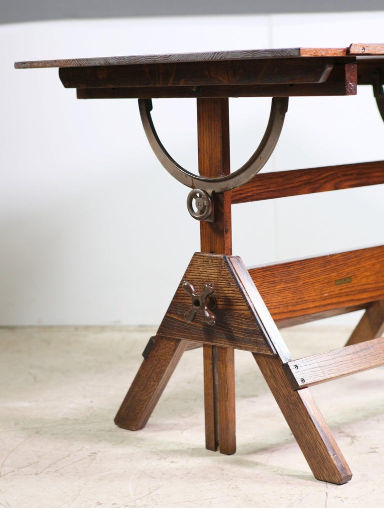 Dietzgen Oak Adjustable Drafting Table with Steel Hardware For Sale at