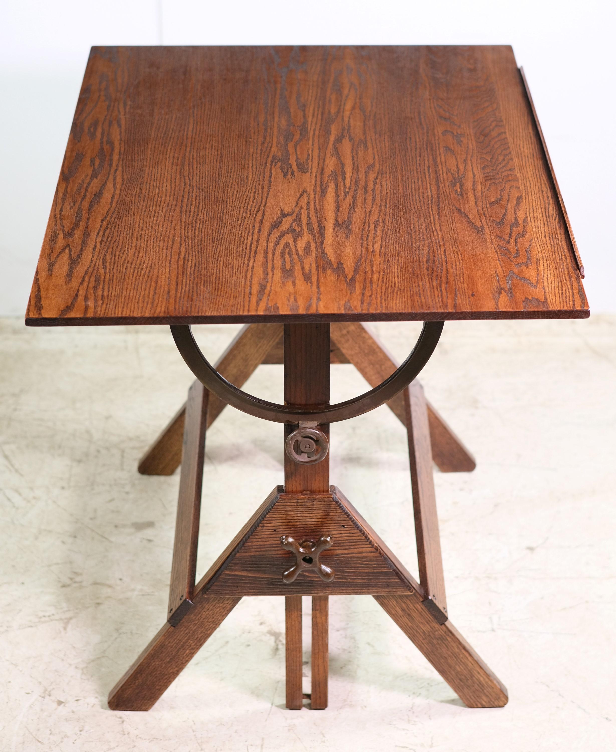 Dietzgen Oak Adjustable Drafting Table with Steel Hardware In Good Condition In New York, NY