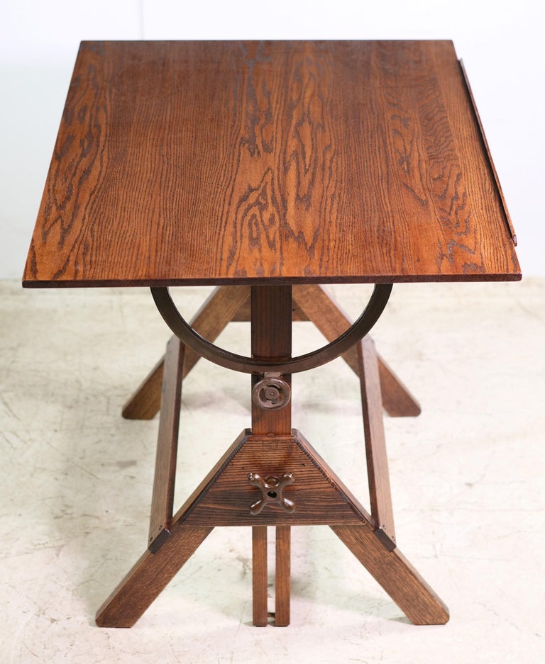 Dietzgen Oak Adjustable Drafting Table with Steel Hardware For Sale at