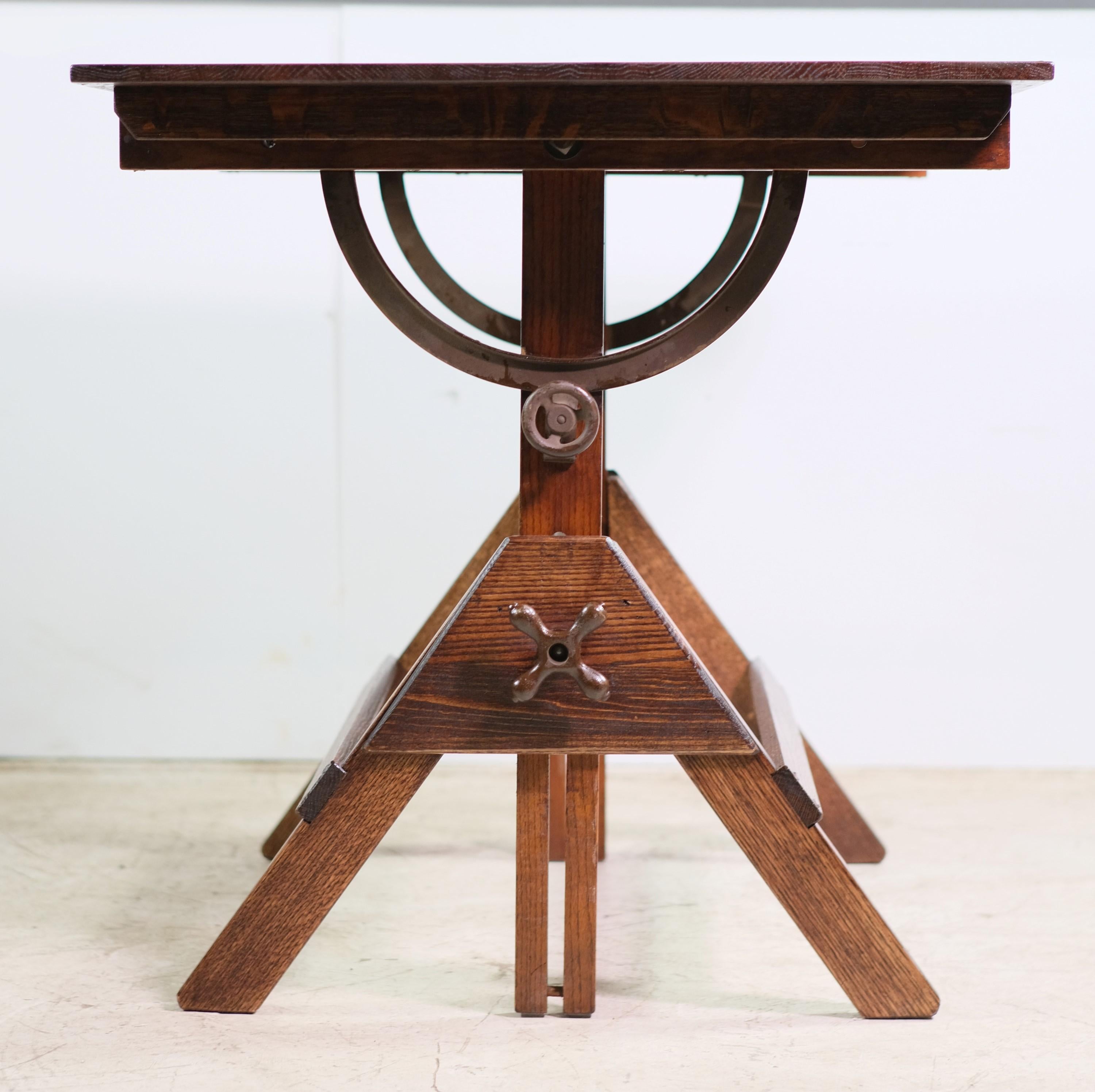 20th Century Dietzgen Oak Adjustable Drafting Table with Steel Hardware