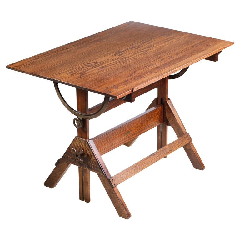 Dietzgen Oak Adjustable Drafting Table with Steel Hardware For Sale at