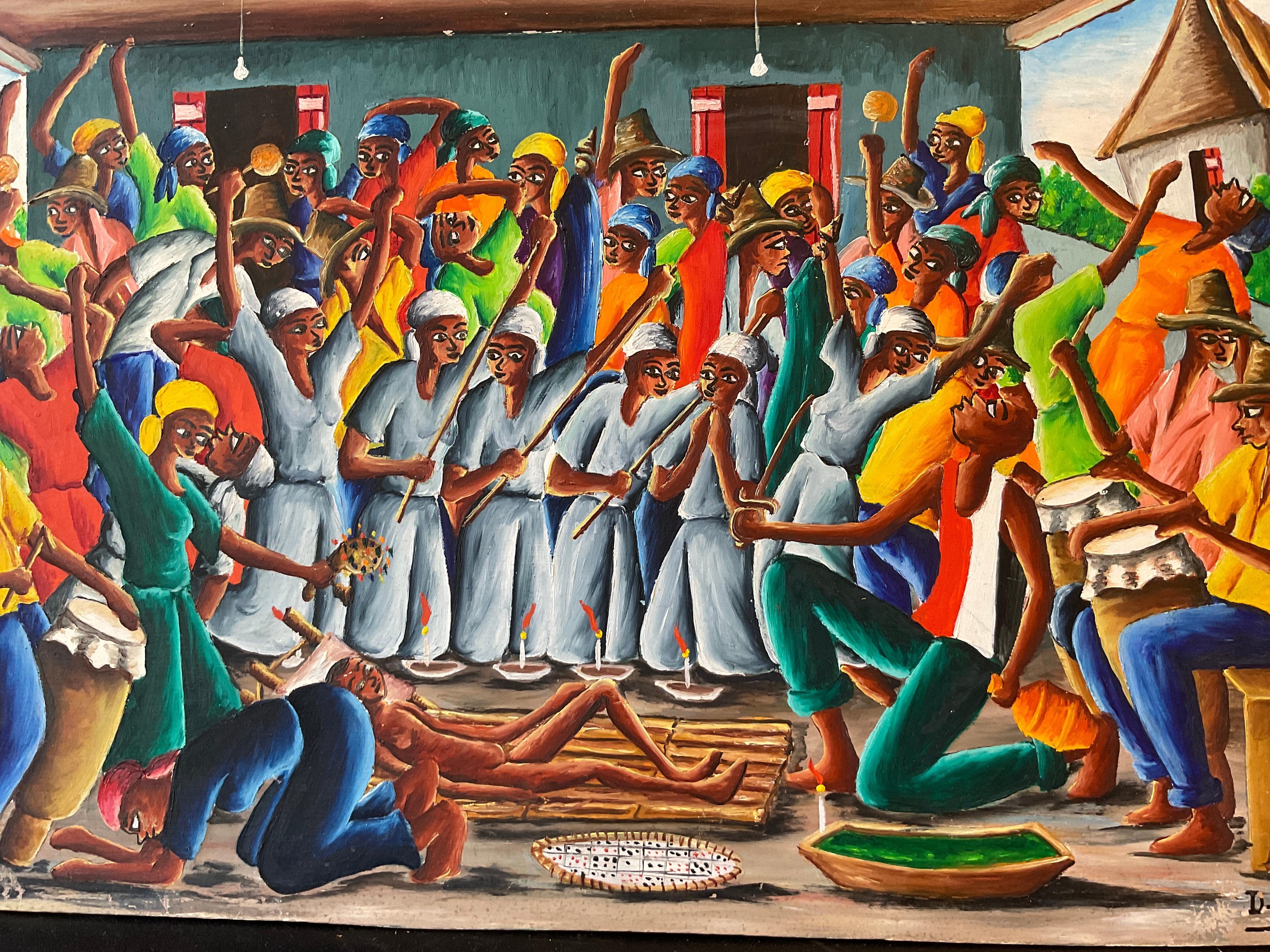 Late 20th Century Dieudonne Rouanez oil Painting On Board Of Haitian Celebration For Sale