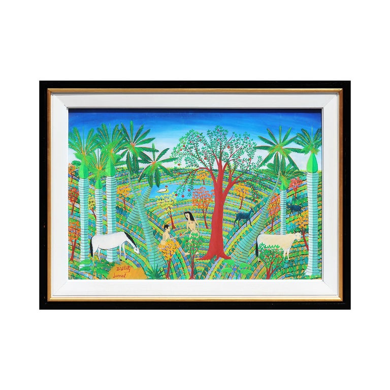Adam and Eve in the Garden of Eden Reimagined in Jacmel, Haiti Folk Art Painting - Green Abstract Painting by Dieudonne Vital