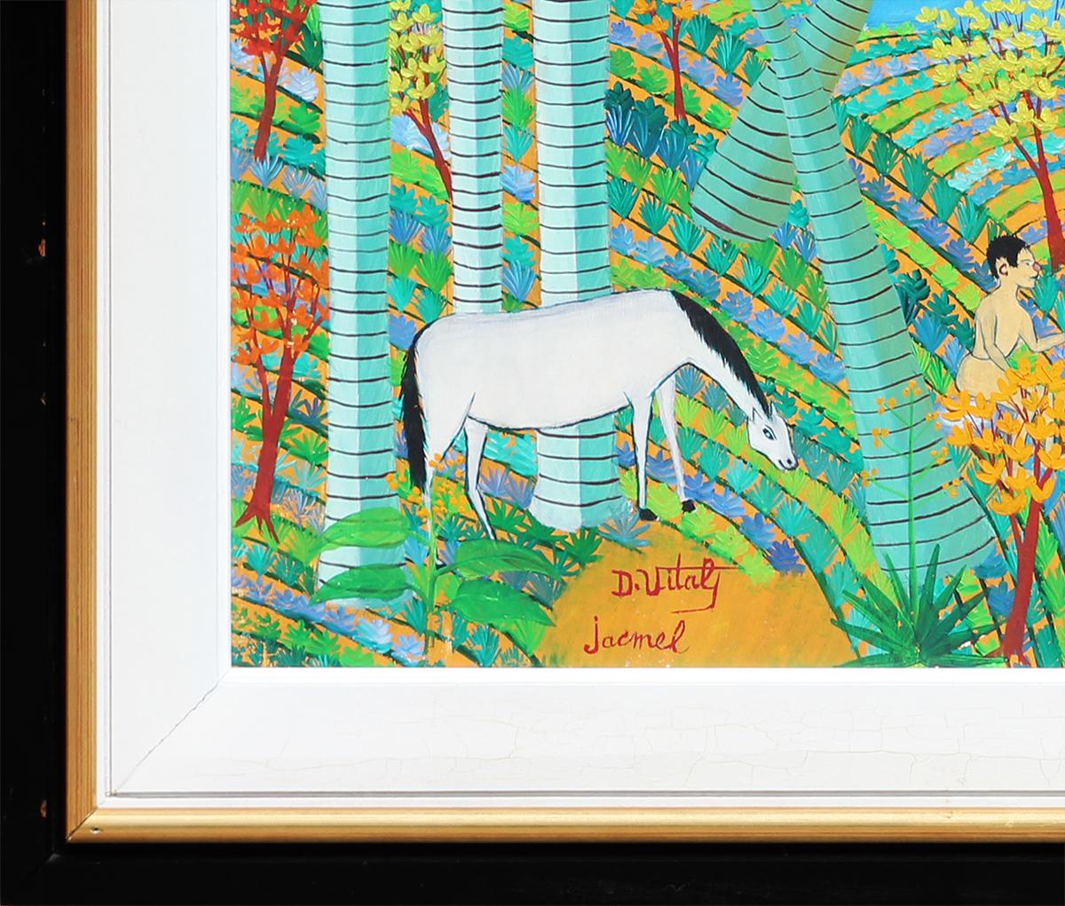 Colorida interpretación tropical del Jardín del Edén en Jacmel, Haití, por el artista haitiano Dieudonne Vital. La obra presenta un par de figuras centrales que representan a Adán y Eva con una manzana rodeados de animales y follaje vibrante.
