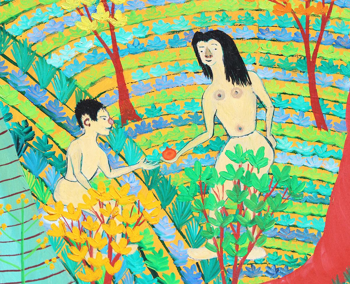 Adán y Eva en el Jardín del Edén reimaginados en Jacmel, Haití Pintura de arte popular en venta 2