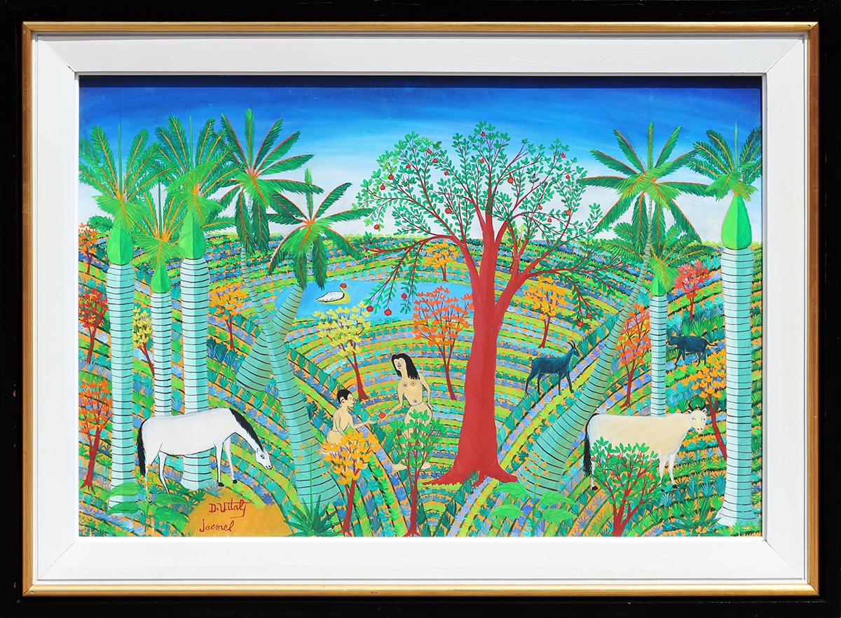 Abstract Painting de Dieudonne Vital - Adán y Eva en el Jardín del Edén reimaginados en Jacmel, Haití Pintura de arte popular