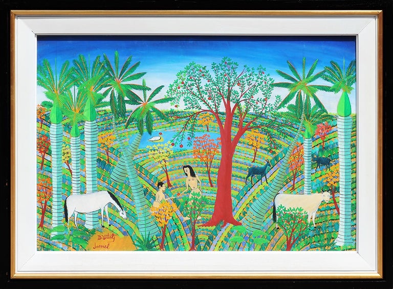 Dieudonne Vital Abstract Painting - Adam and Eve in the Garden of Eden Reimagined in Jacmel, Haiti Folk Art Painting