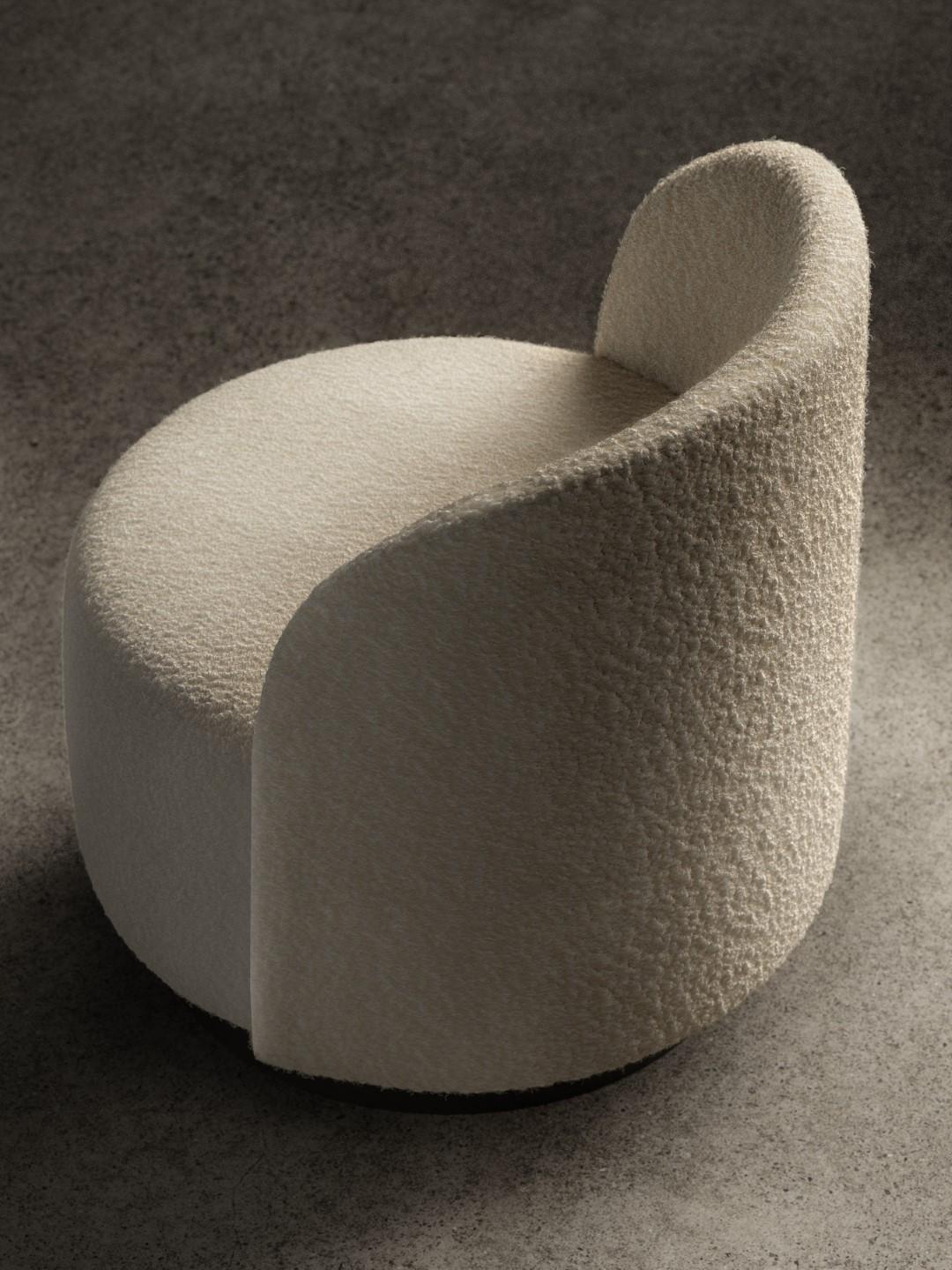 DIG IT is an armchair with a cylindrical seat and an enveloping backrest. The wooden shell is covered with differentiated density polyurethane foam and finished with a top layer of acrylic fiber. The base can be made of matt black lacquered wood or