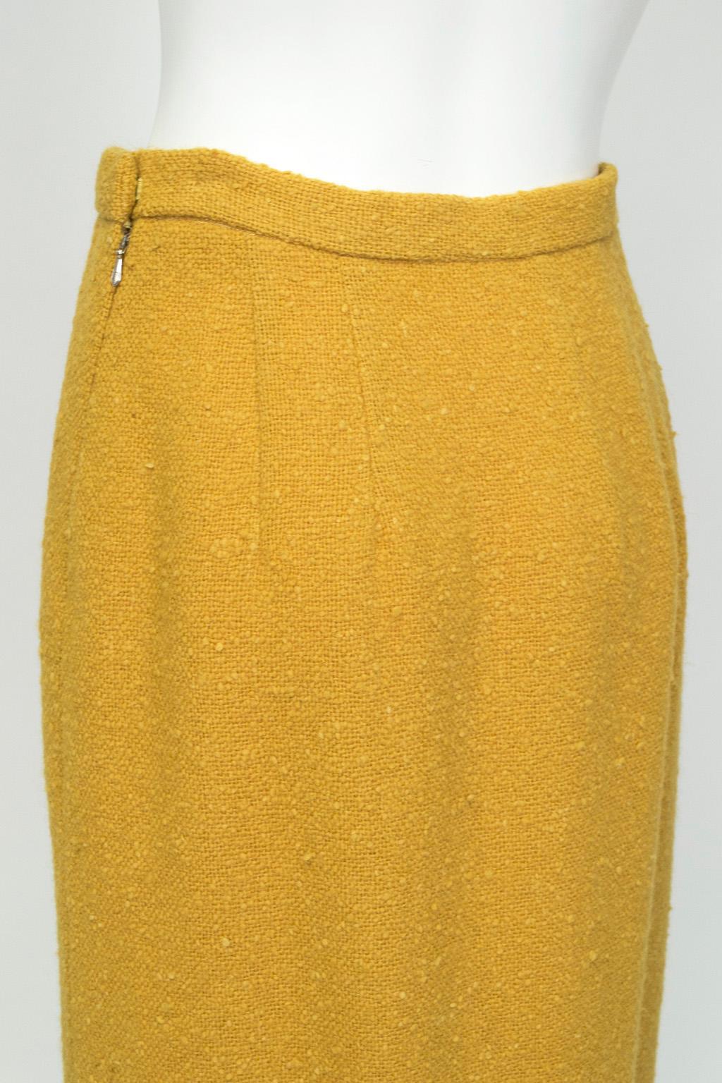 Brown Digby Morton Mustard Wool Bouclé Maximalist Appliqué Novelty Skirt - M, 1960s For Sale