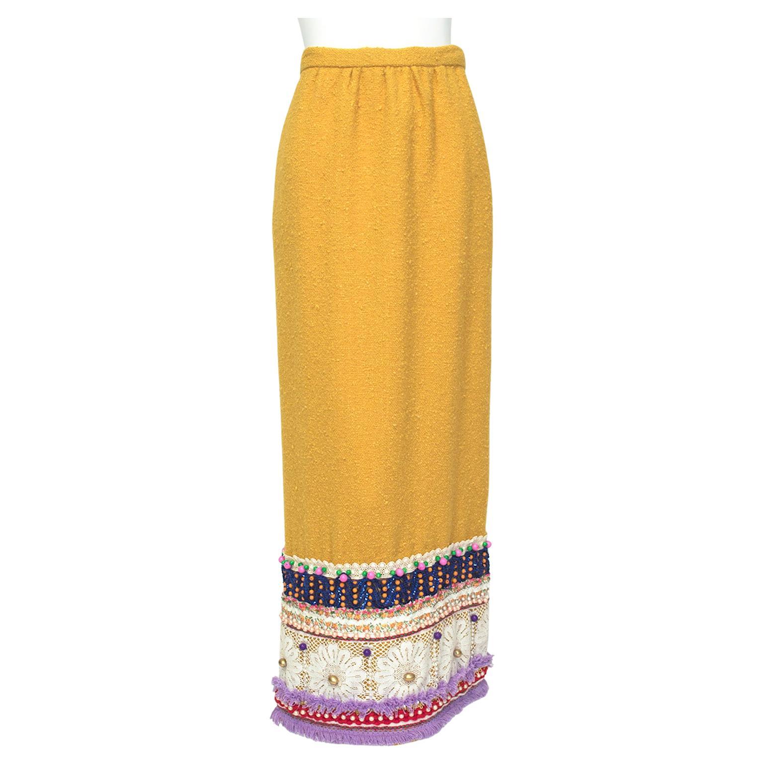 Digby Morton Mustard Wool Bouclé Maximalist Appliqué Novelty Skirt - M, 1960s For Sale