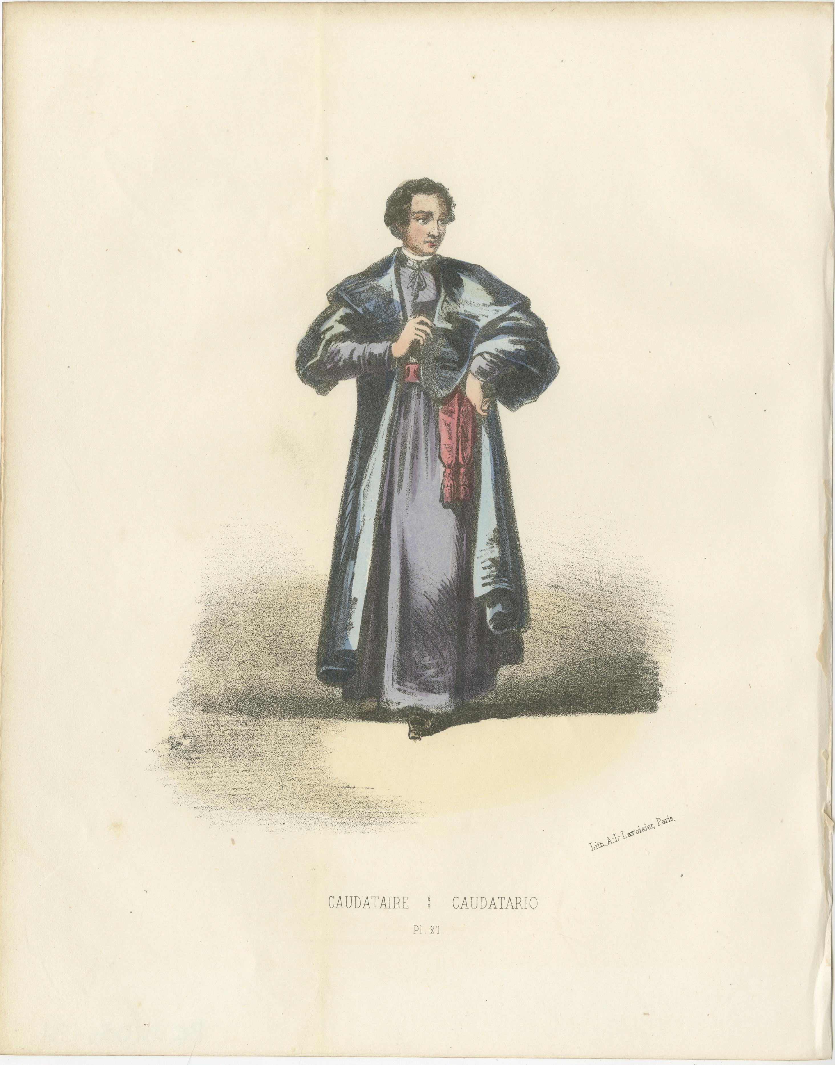 Dignidad en la Ceremonia: Grabado coloreado a mano de un Caudatario Papal, Lámina 27, 1862  
 
Esta exquisita litografía coloreada a mano, Dignidad en la ceremonia, es la lámina 27 de la segunda edición de 1862 de Album ou Collection Complète, et