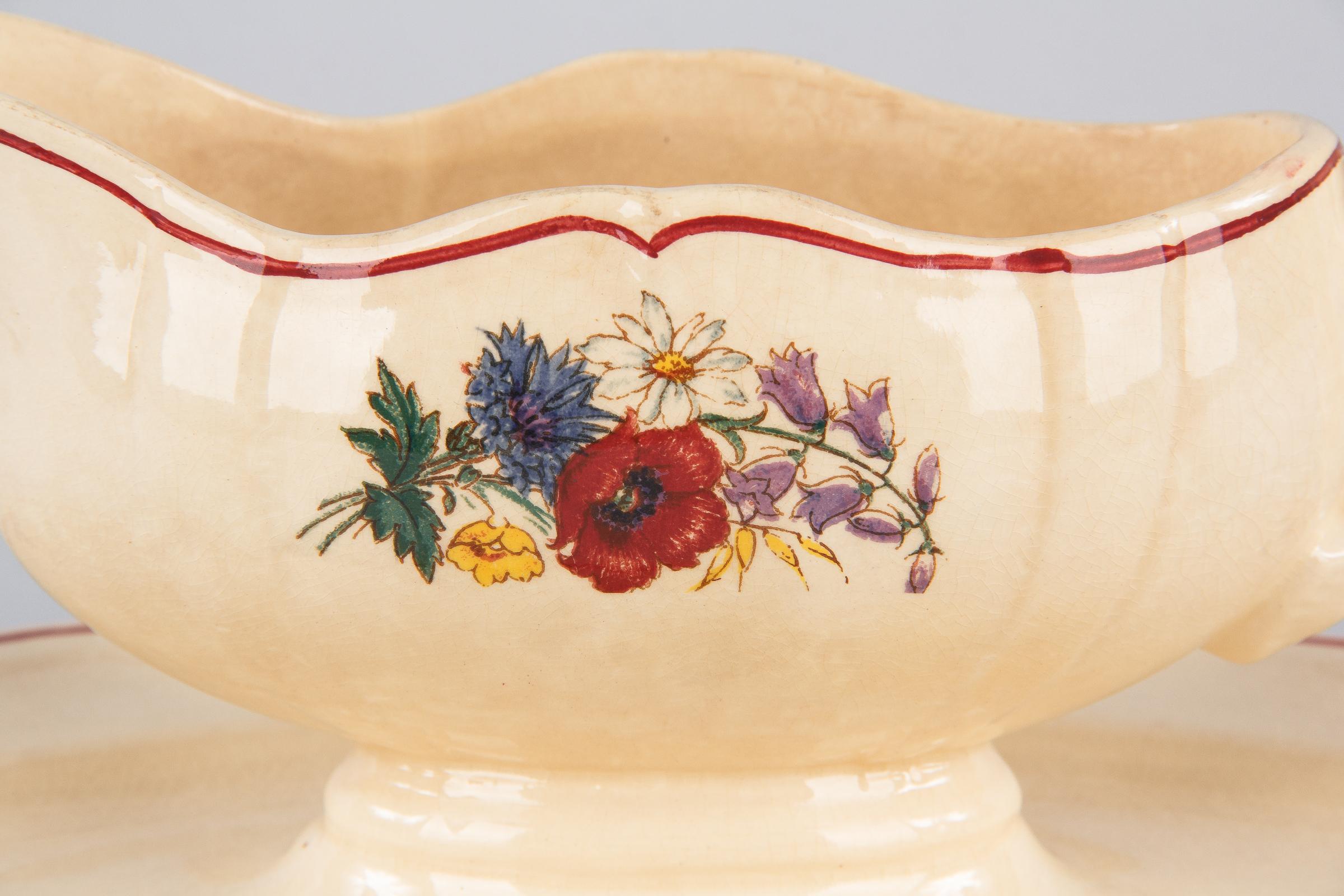 Hand-Painted Digoin Agreste Ceramic Gravy Boat from France, 1940s For Sale