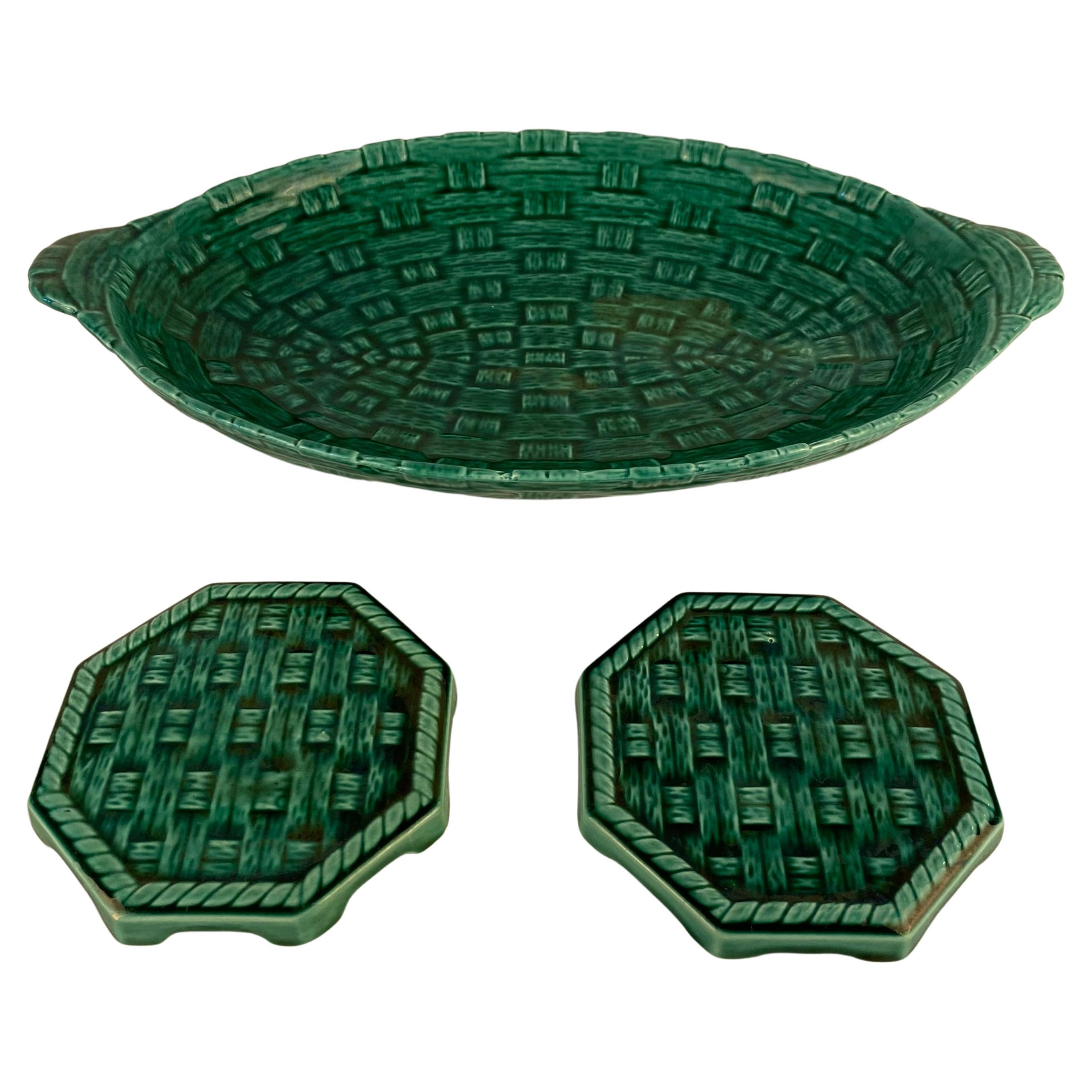 French Ceramic Bottle Coasters and Serving Platter, Set of 3 Sarreguemines For Sale