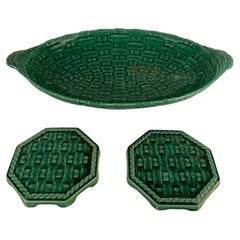 Retro French Ceramic Bottle Coasters and Serving Platter, Set of 3 Sarreguemines