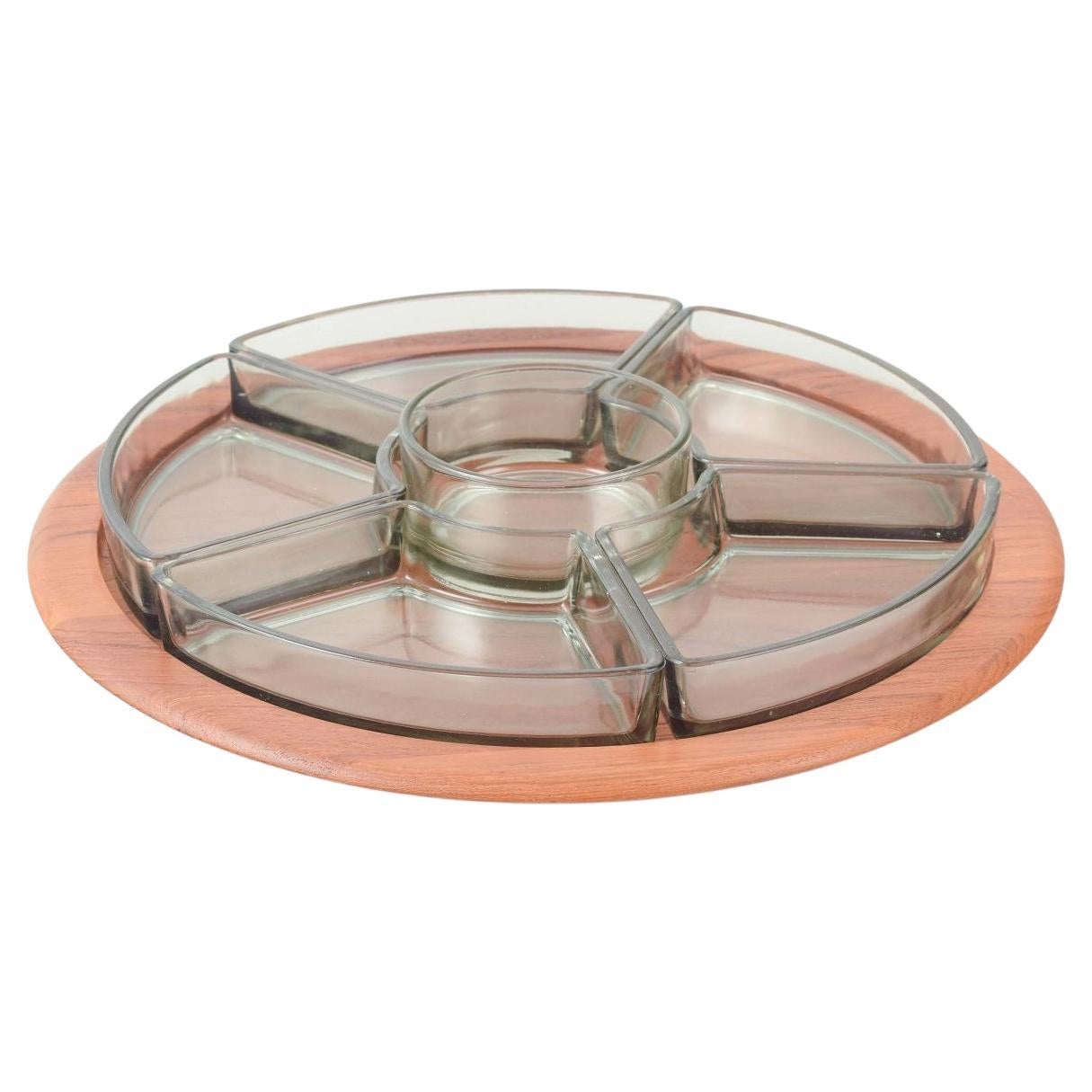 Digsmed, Denmark. Cabaret tray in teak with eight hand-blown glass dishes. For Sale