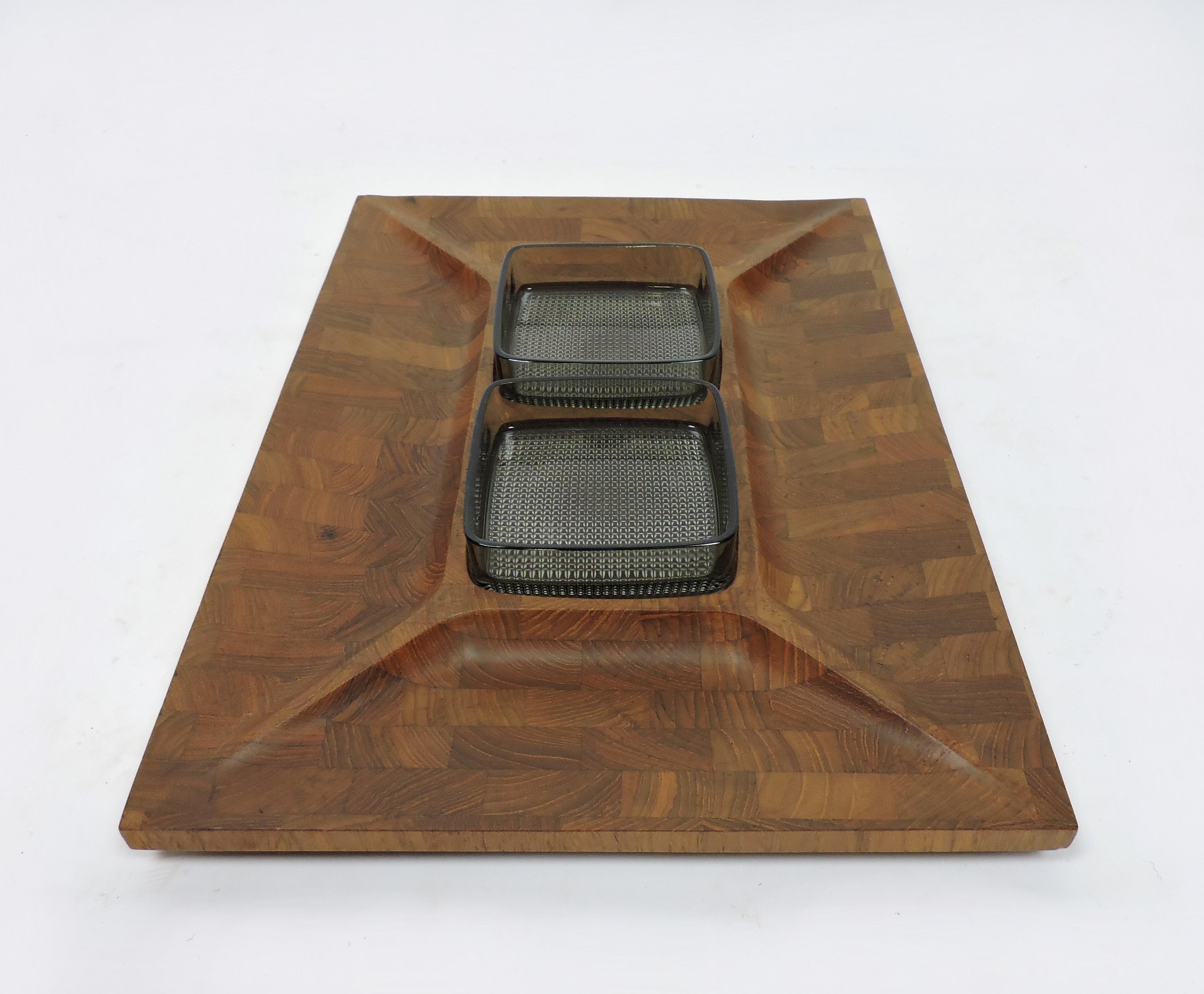 Scandinavian Modern Digsmed Large Danish Modern Divided Teak Tray with 2 Glass Inserts For Sale