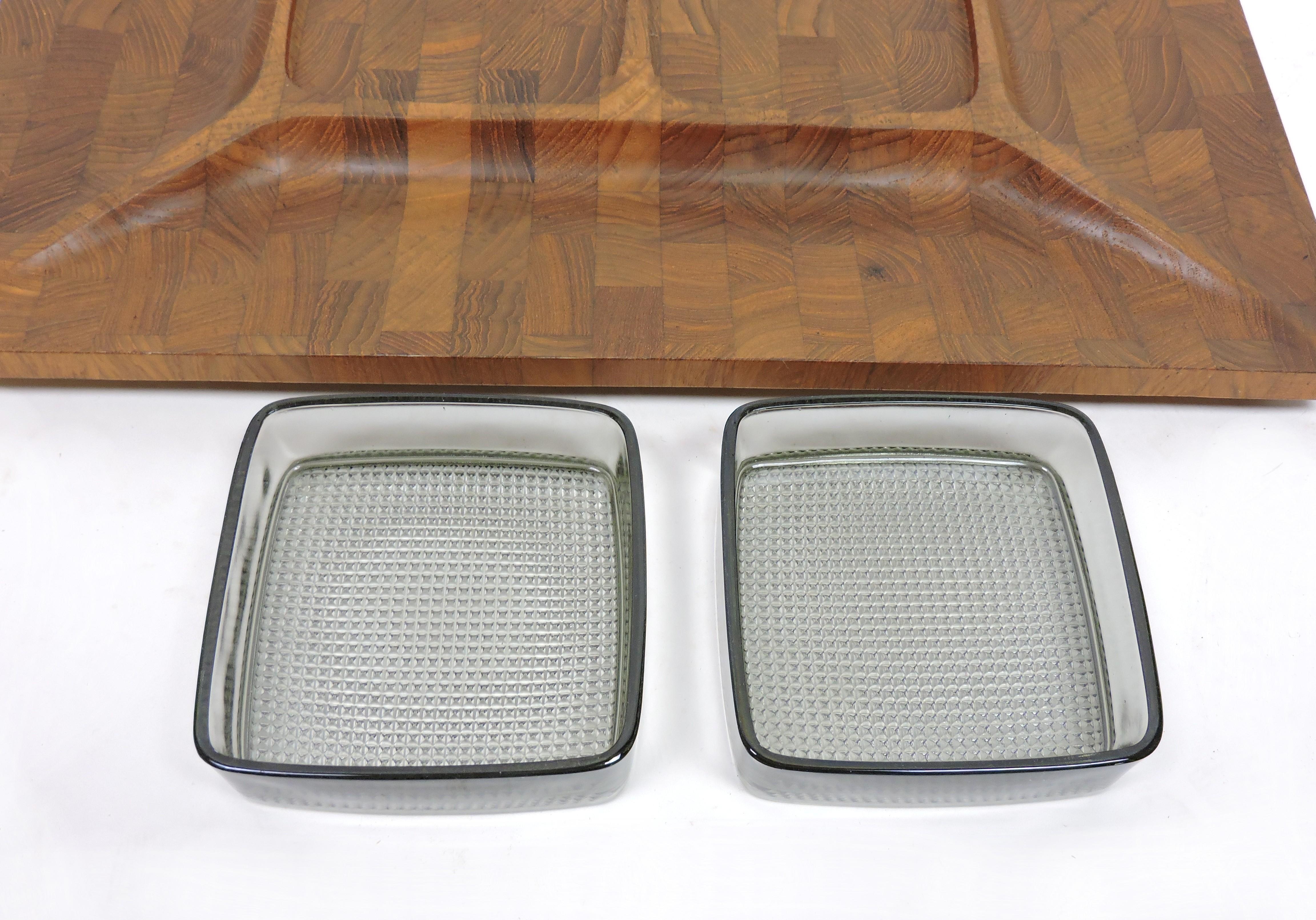 Mid-20th Century Digsmed Large Danish Modern Divided Teak Tray with 2 Glass Inserts For Sale