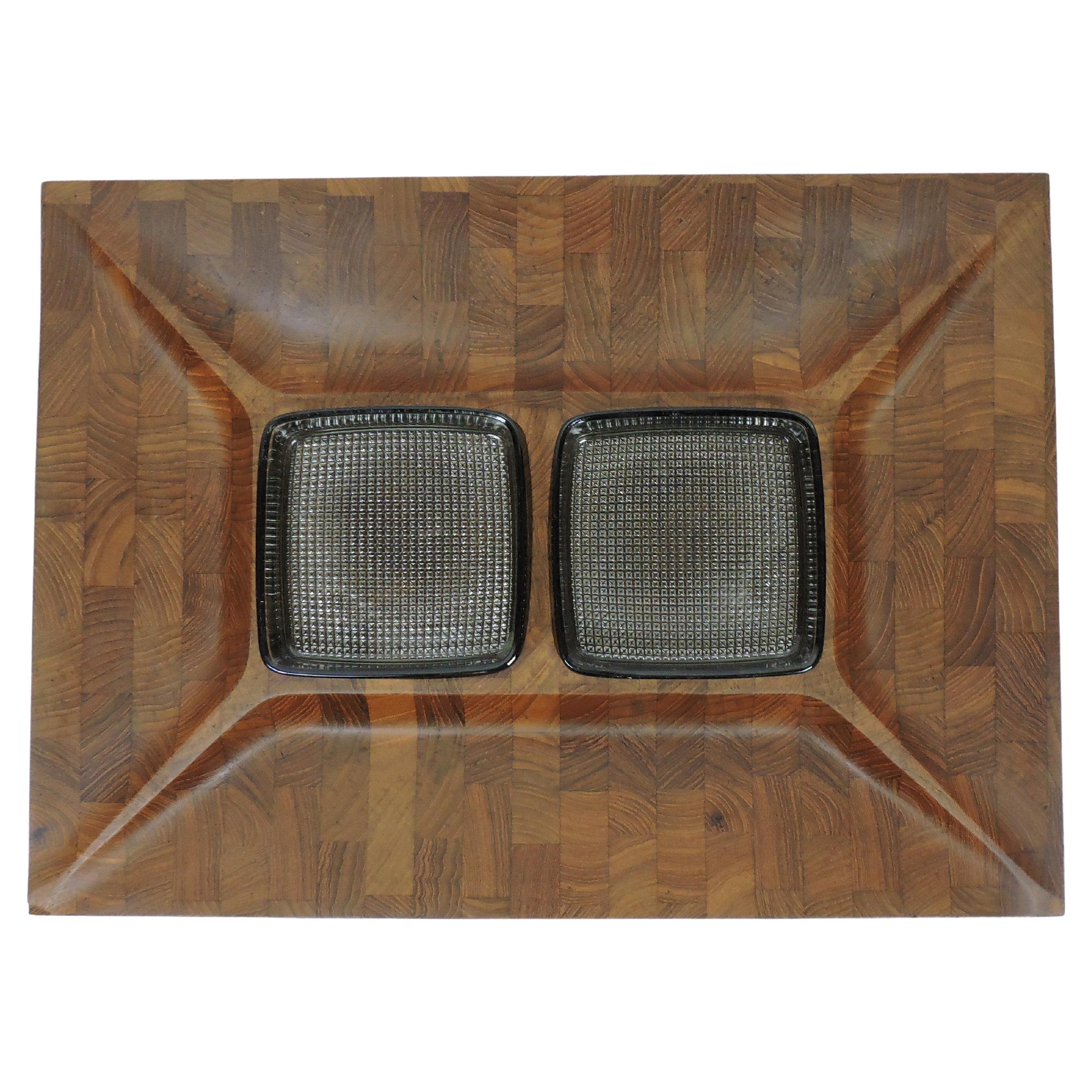 Digsmed Large Danish Modern Divided Teak Tray with 2 Glass Inserts For Sale