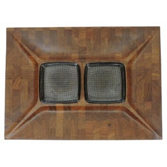 Retro Digsmed Large Danish Modern Divided Teak Tray with 2 Glass Inserts