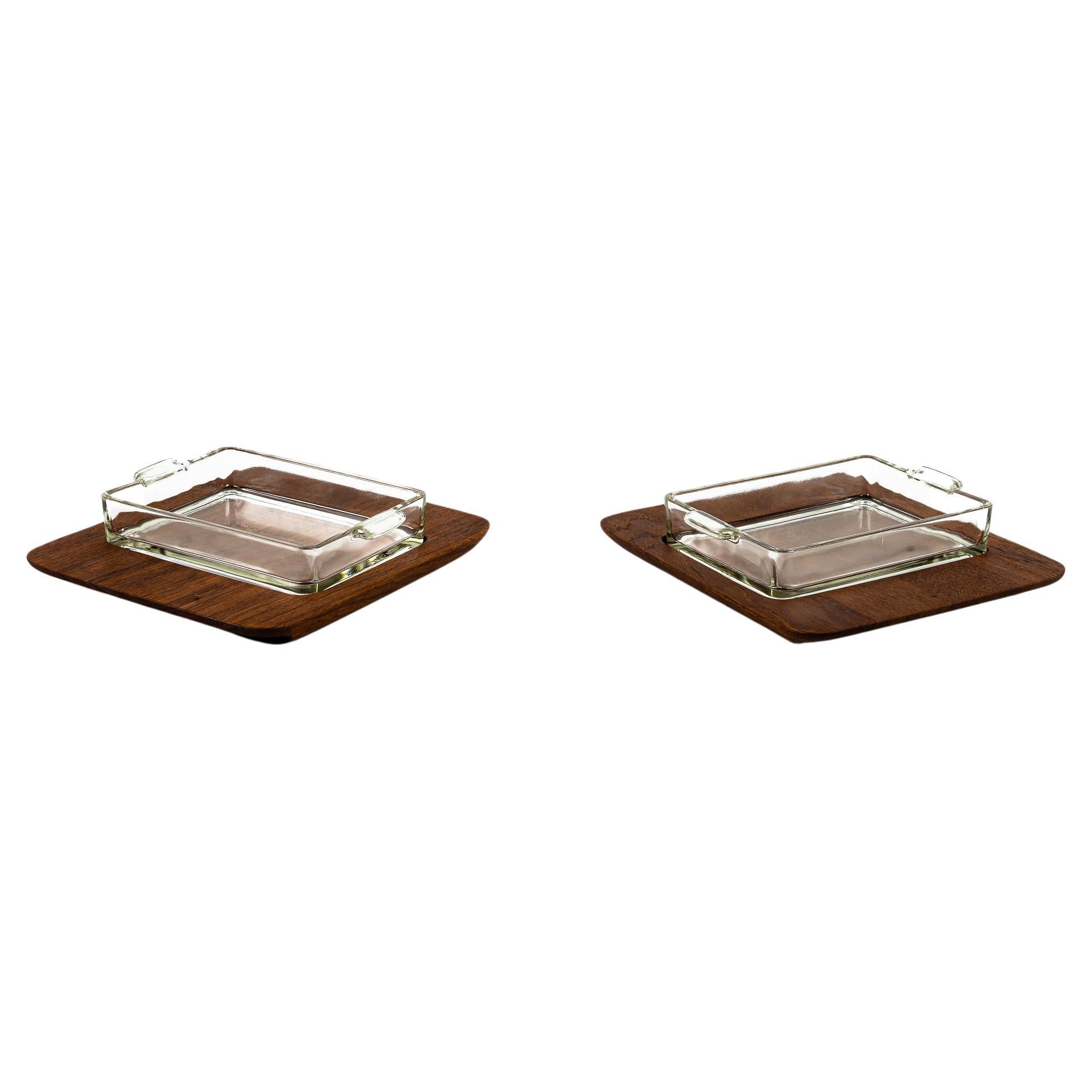 Digsmed Mediados de Siglo Bangkok Servidor Bandeja de Madera de Teca con Dos Inserciones de Cristal Dinamarca