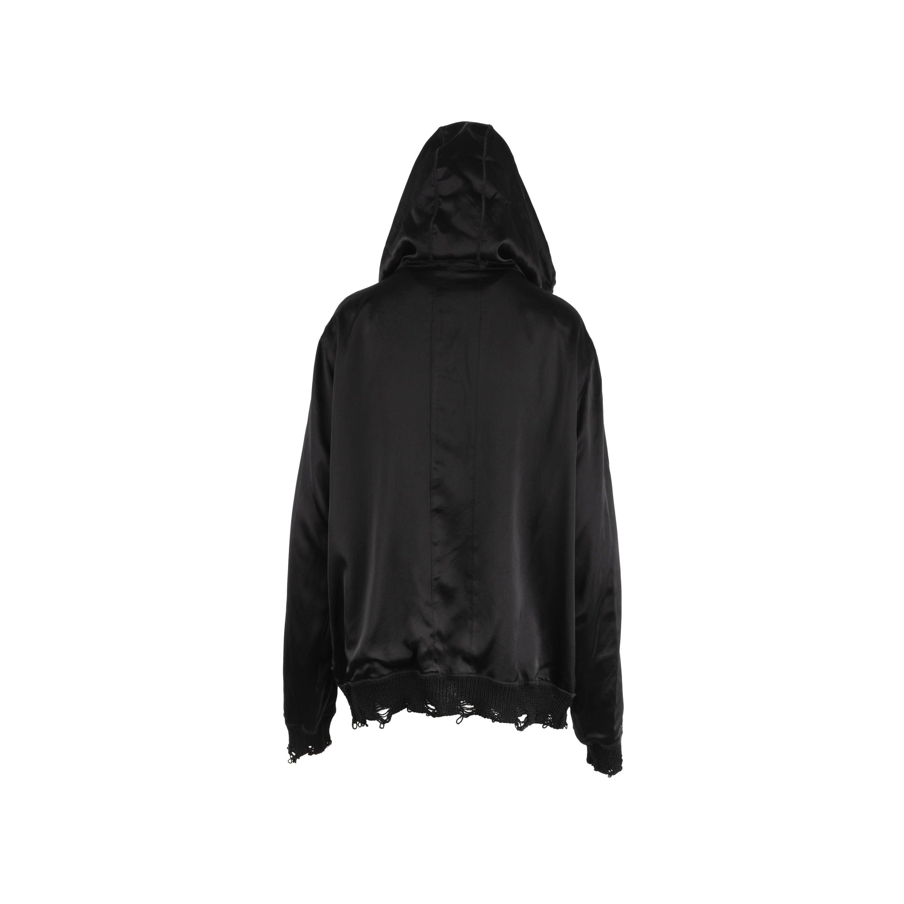 This Diliborio black silk sweatshirt is perfect for a sporty yet edgy look. Featuring a hooded design with a zip fastening, the ribbed hem is distressed for a unique finish. 
 Remarks: There is no size tag. 
 
 Total length:68;Measure