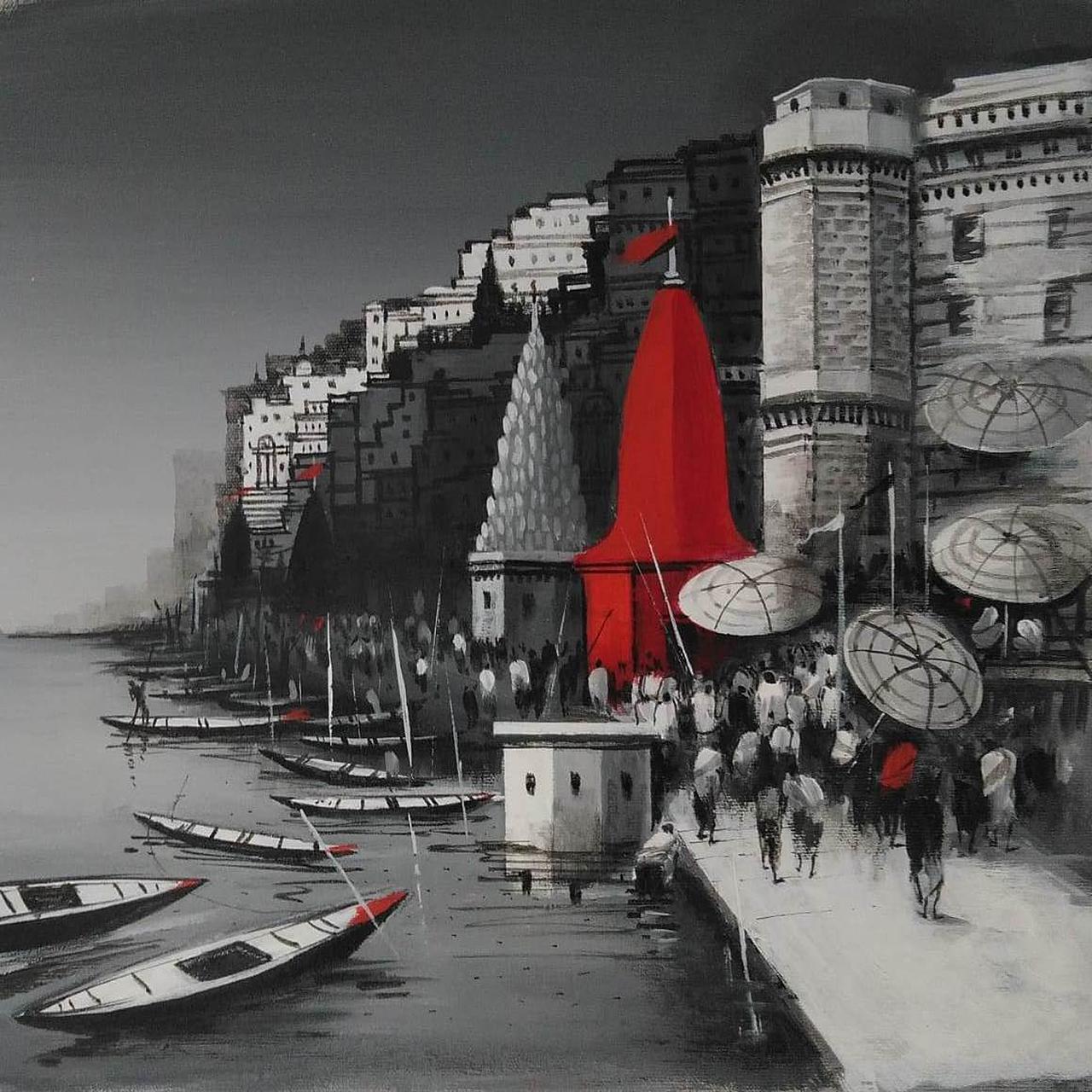 Dilip Chaudhury Figurative Painting - Benaras, Acrylic on Canvas by Contemporary Indian Artist "In Stock"