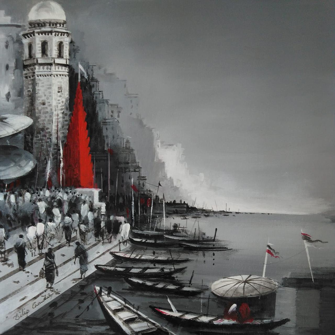 Benaras, Acrylic on Canvas by Contemporary Indian Artist "In Stock"