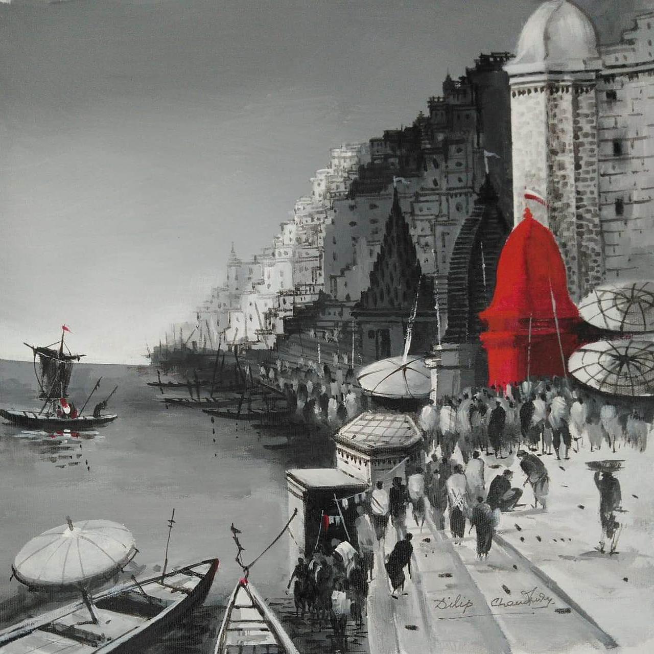 Dilip Chaudhury Interior Painting - Benaras, Acrylic on Canvas by Contemporary Indian Artist "In Stock"