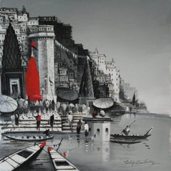 Benaras, Acrylique sur toile de l'artiste indien contemporain « En stock »