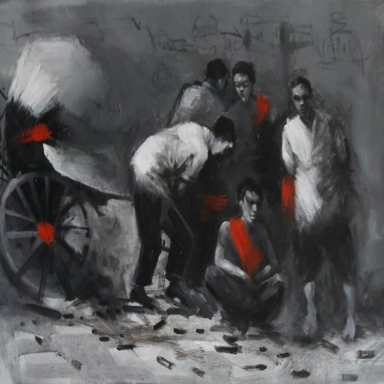 Dilip Chaudhury Figurative Painting - Benaras, Acrylic on Canvas by Contemporary Indian Artist "In Stock"