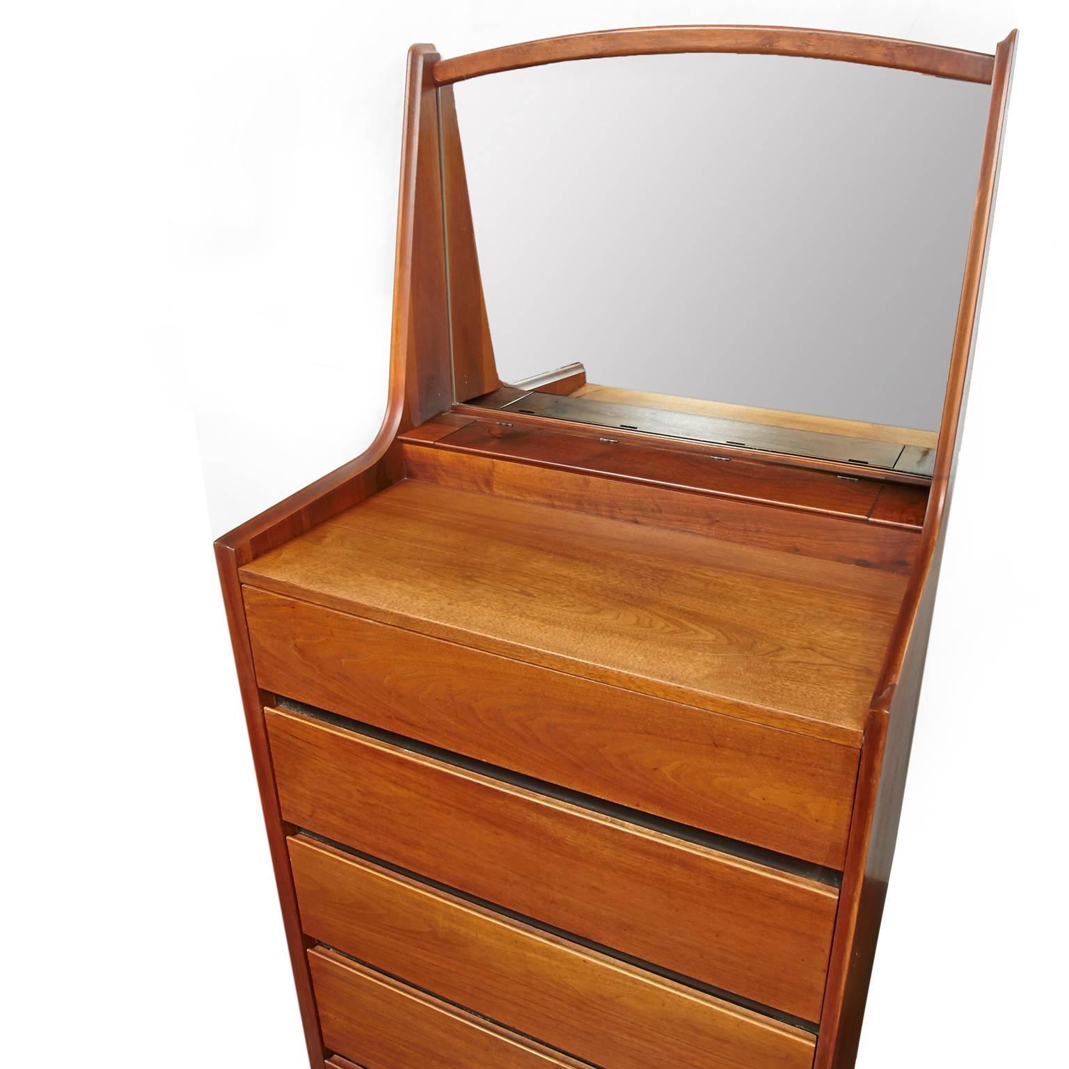 Walnut Dillingham Mid-Century Modern Gentleman's Dresser with Built in Mirror